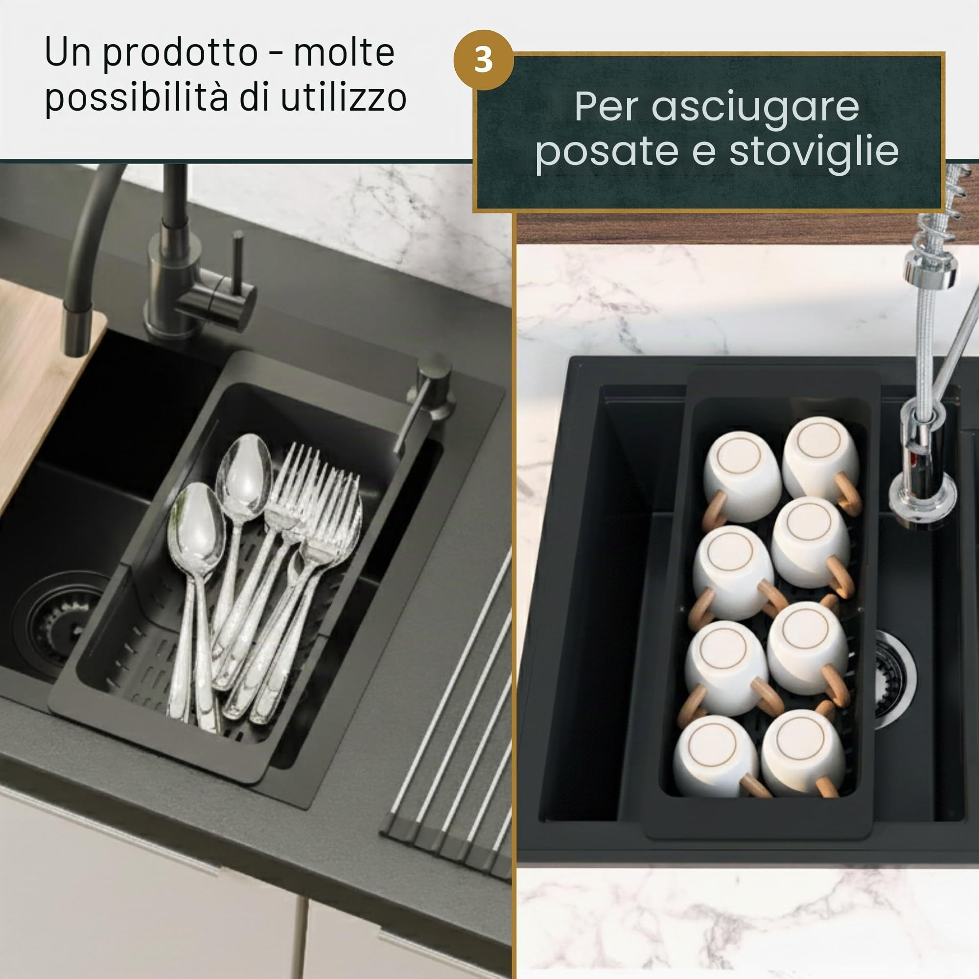 Colino per lavello frutta e verdura – Colino regolabile e vassoio scolapasta 39 – 55 cm – Lavabile in lavastoviglie e senza BPA – Stabile colino da cucina nero – Sink Strainer – Sink Quality