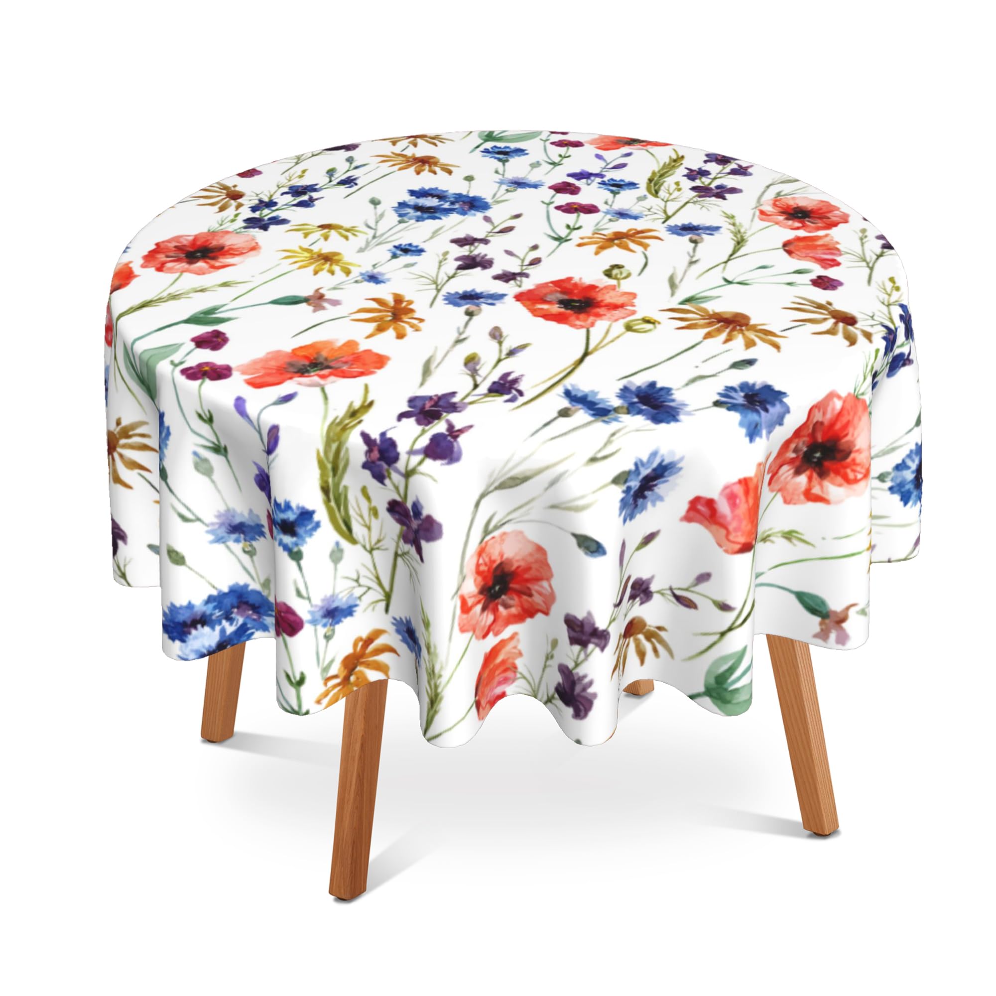 Uiupro Wildflowers Watercolor Poppy Cornflower Wildflowers 60 Inch Round Tablecloth,Watercolor Poppy Cornflower Table Cloth Waterproof Stain And Wrinkle Resistant Circle Table Cover For Kitchen Dining Picnic Camping Indoor Outdoor Decor