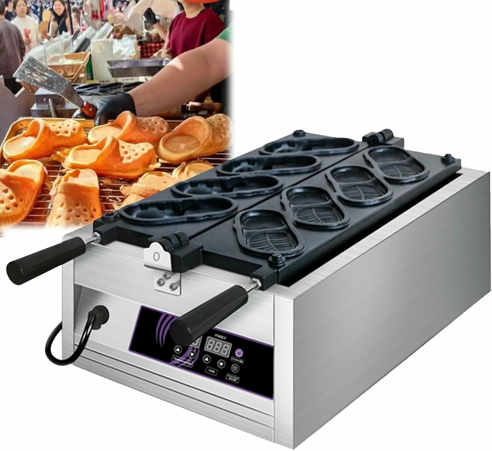 FHRKA Commercial Waffle Makers Machine,3000W Electric Shoe-Shaped Stuffed Waffle Maker,Stainless Steel Flip Waffles Maker (6 Mold)