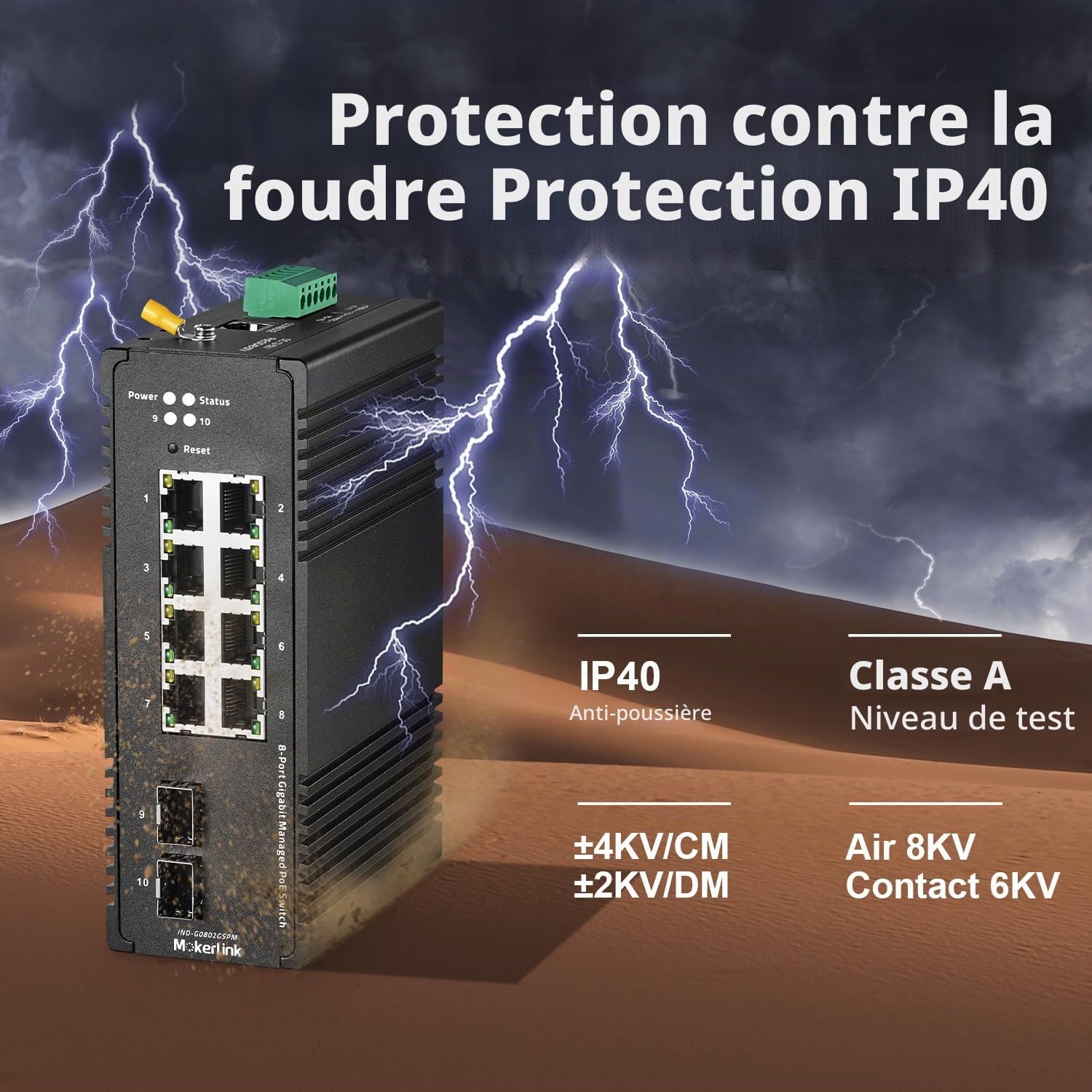 MokerLink 8 Port Gigabit PoE Industrial DIN-Rail Ethernet Switch Managed, 2 SFP Ports, IEEE802.AF/at 96W PoE+ Power, Web L2+ Managed IP40 Network Switch, avec Alimentation électrique