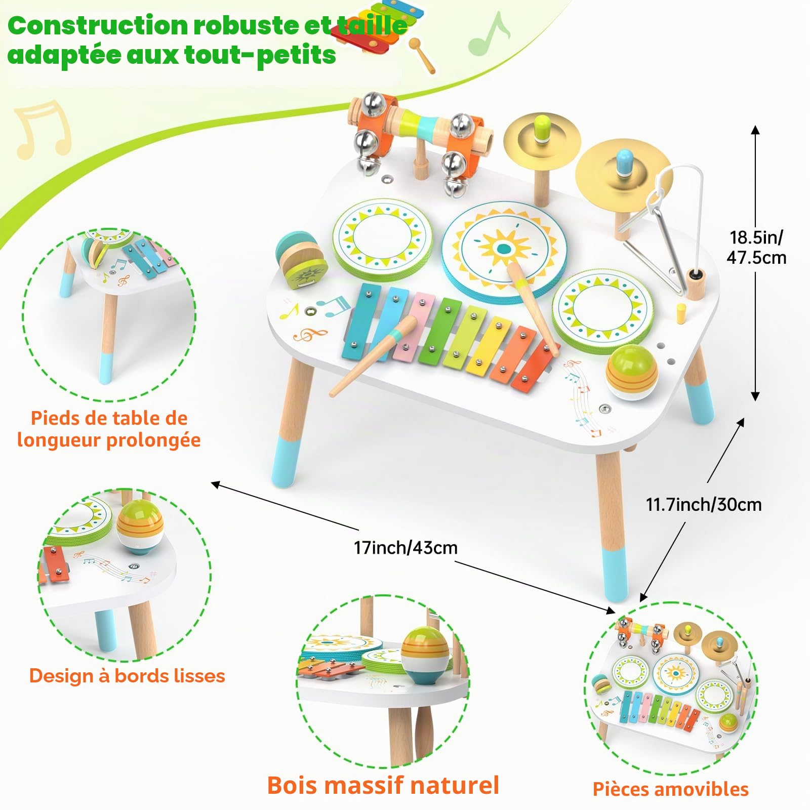 Batterie Enfant 12 en 1, Jouet Musical Montessori en Bois dès 1 an | Table musicale avec xylophone, bongos, cymbale, maracas et cloches ; cadeau d’anniversaire pour fille et garçon de 1 à 3 ans
