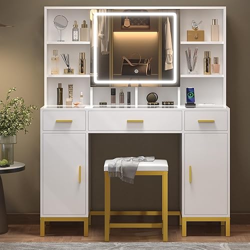 Miniatura 7 de AOGLLATI Tocador de maquillaje con luces, tocador con espejo y luces, juego de tocador grande de 45.2 pulgadas con estación de carga, mesa de