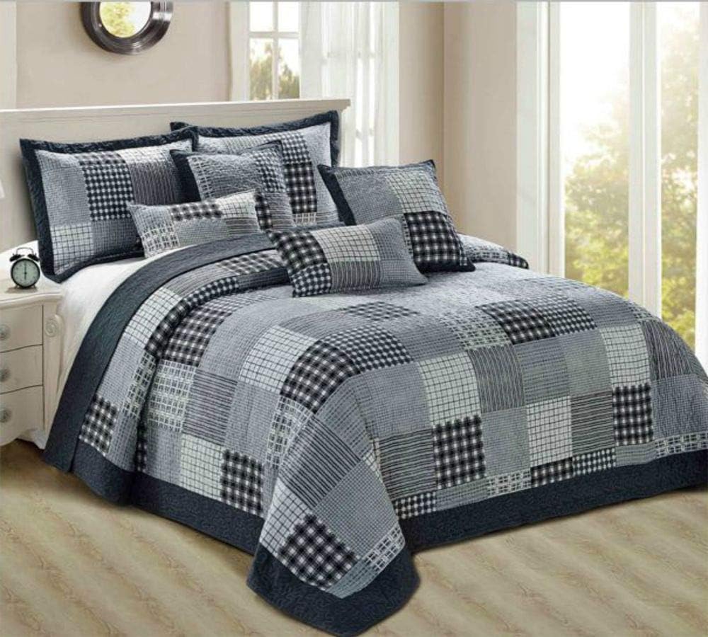 Prime Linen Quilted Patchwork Bedspread Bed Throw 3 Piece Embossed