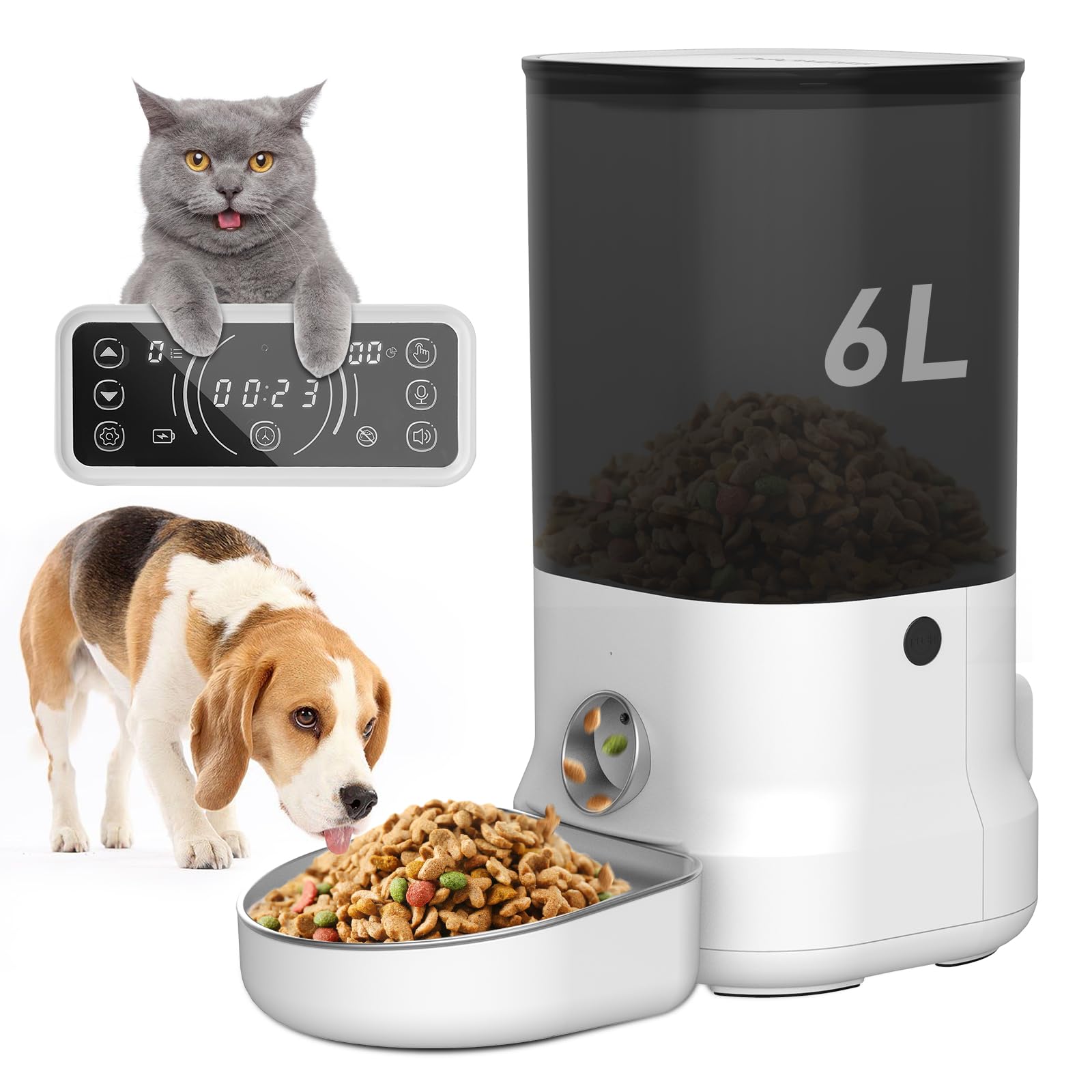 DOGNESS 6L Pet Feeder,Automatic Cat Feeder | Timed Programmable Auto Pet Dog Food Dispenser Feeder for Kitten Puppy - Easy Portion Control,Voice Recording,Battery and Plug-in Power (6L, 6L White)