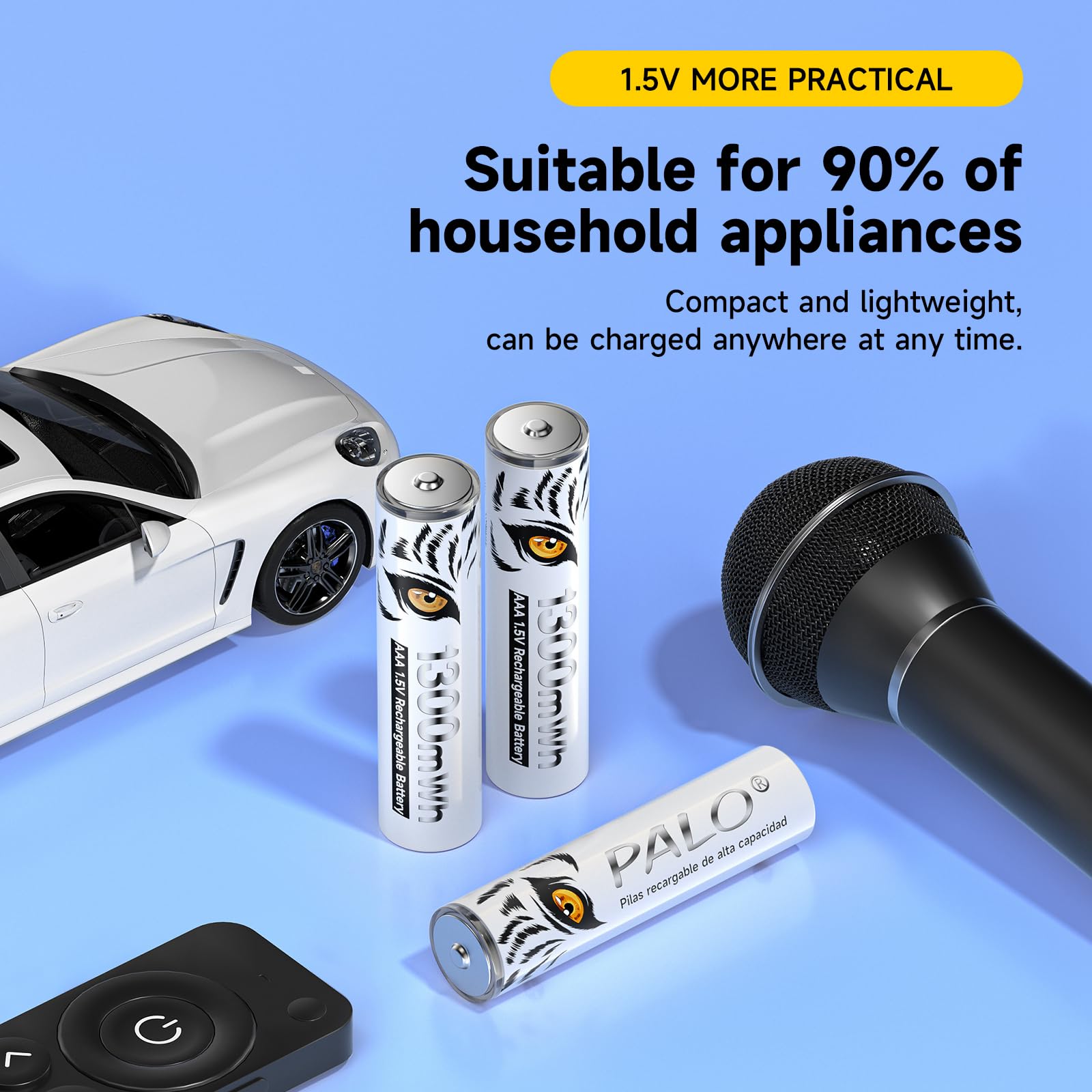 Pilas Litio AAA Recargables 1.5V 1300mWh, Pilas AAA de Carga rápida con Estampado de Tigre, Baja autodescarga con luz de Carga, 1500+ ciclos, batería de 12 Piezas con Caja de batería