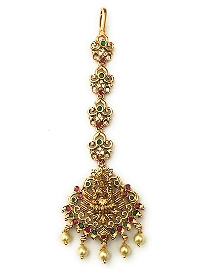 Sasitrends Traditional Matt Gold Plated Temple AD Stone Studded Lakshmi Maan Tikka for Women and Girls