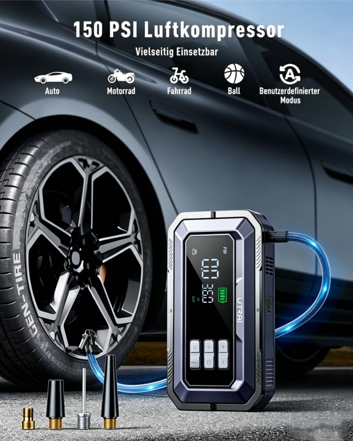 UTRAI Starthilfe Powerbank mit Kompressor für Alle Benzin & Bis 12L Diesel | 7000A Spitzenstrom, 150 PSI Kompressor, 160W DC-Ausgang, 2000 Lumen LED-Lampe, Mehrfacher Sicherheitsschutz, 18W USB-Ausgang