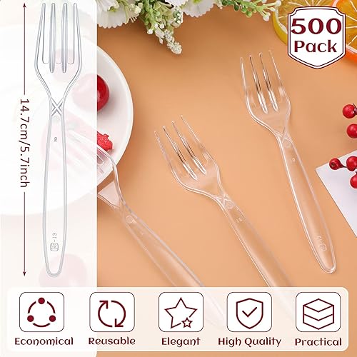 Miniatura 2 de 500 tenedores de plástico transparente de 5.8 pulgadas, resistentes y desechables, utensilios de plástico pesados para comidas diarias, bodas,