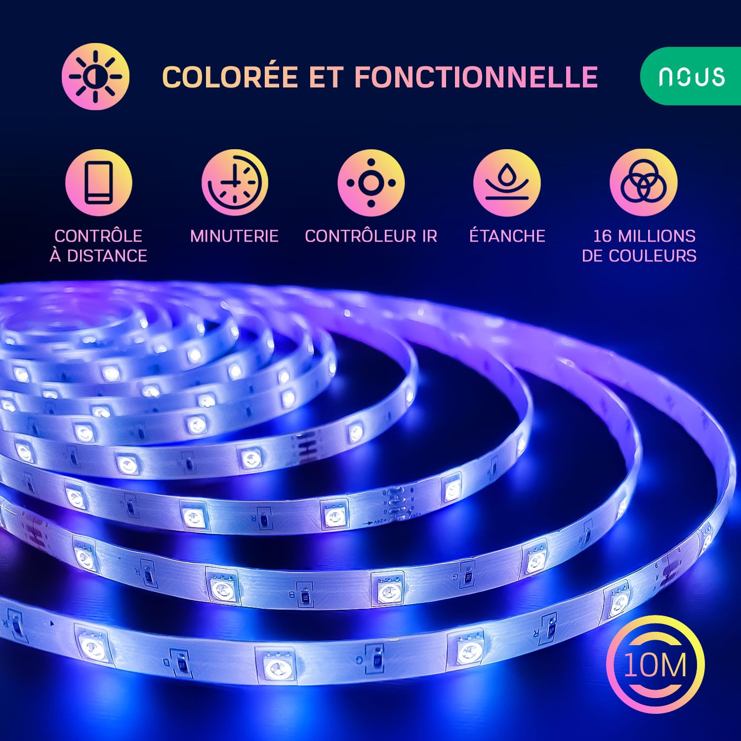 Nous Taśma LED F2 RGB 10 m. Taśmy Wi-Fi; Alexa Google Home kolorowe zakrzywione światła zestaw do telewizora, sypialni, biurka, kuchni, podświetlenia do gier Tuya Smart Life akcesoria do automatyki