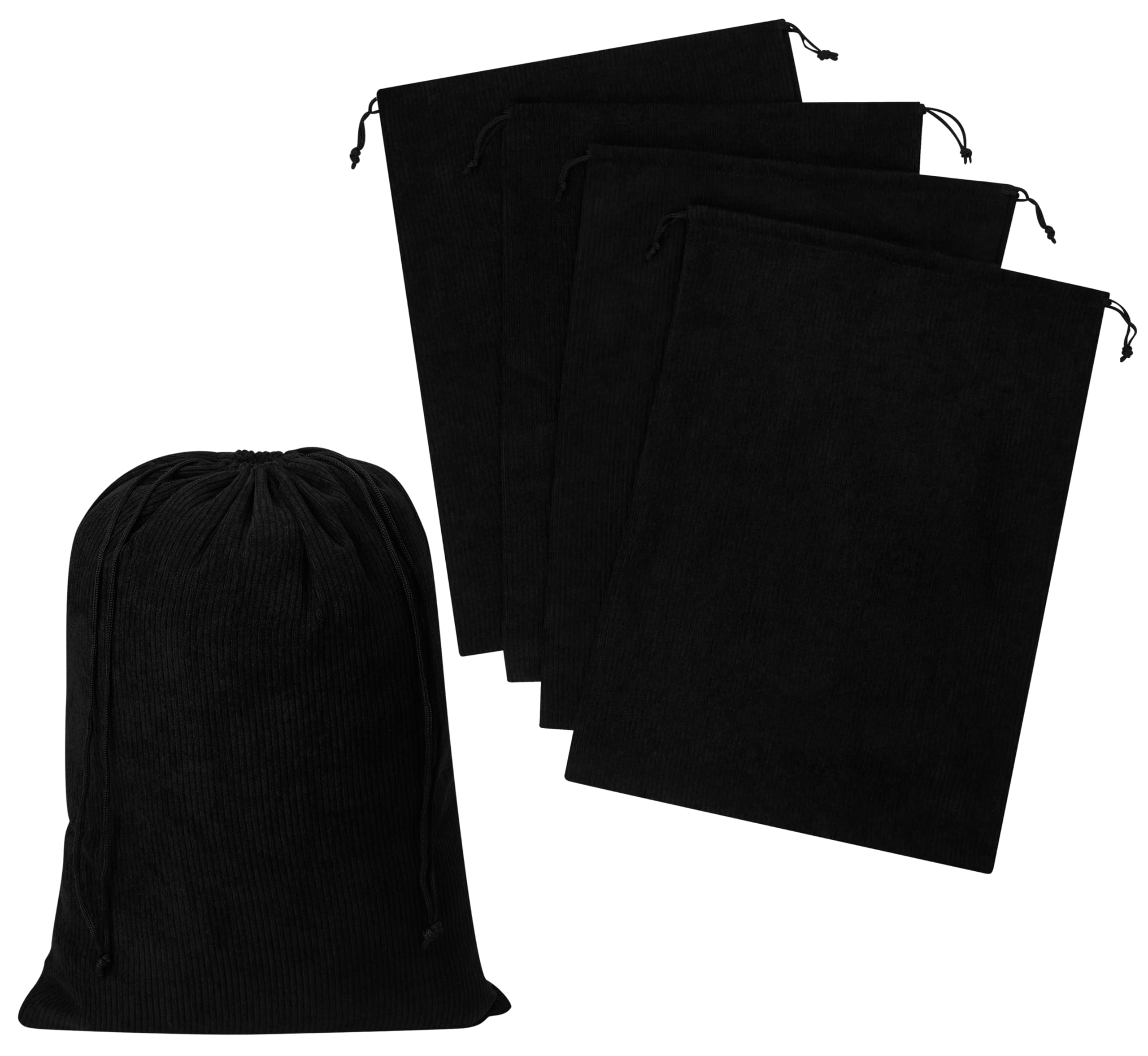 Corduroy Drawstring Bags - Set of 5 - For Organization, Make-up, Travel, Purse, Storage, Office and More (Black, 12 x 16 Inch)