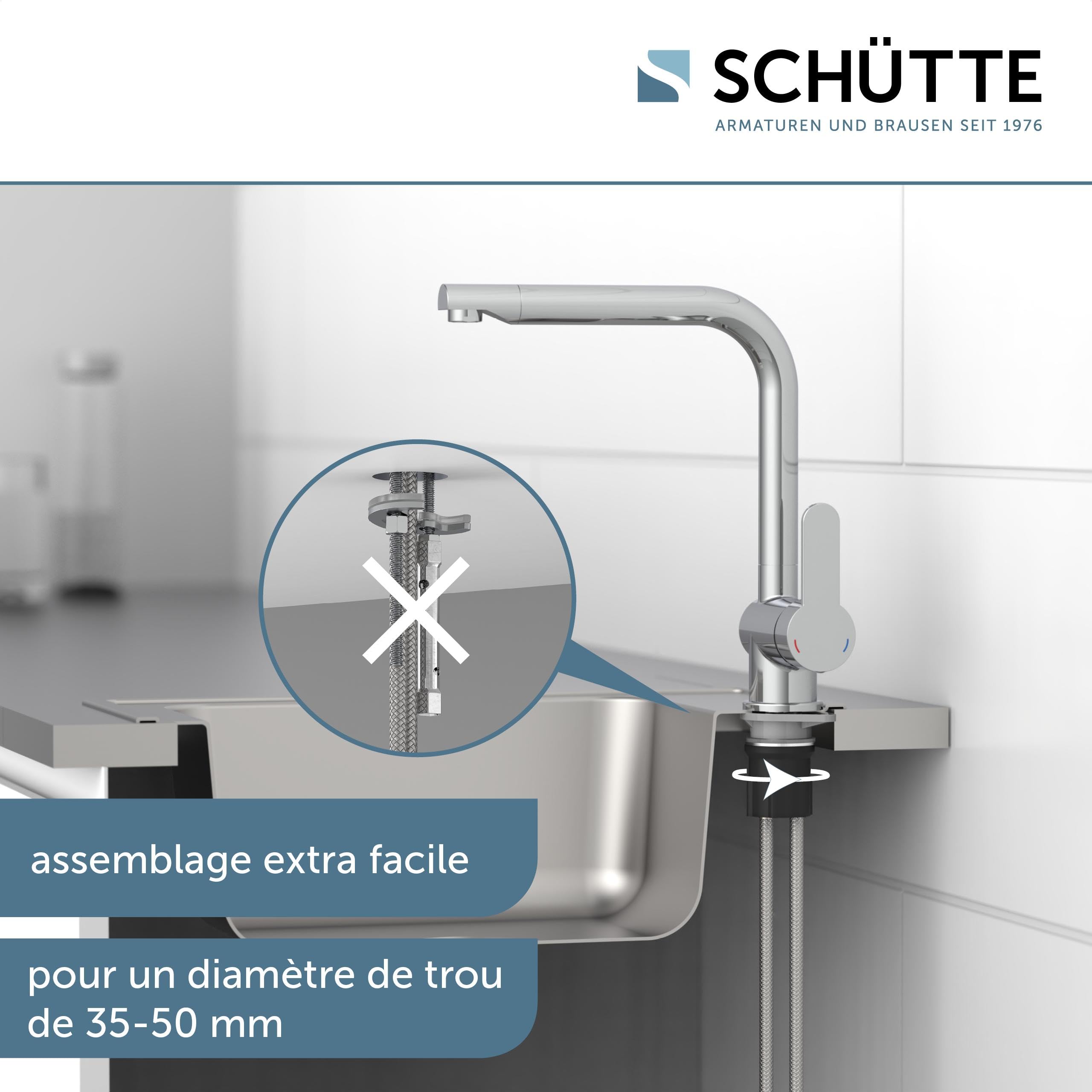 SCHÜTTE 79816 RIO Robinet de cuisine orientable à 360°, Mitigeur d'évier avec bec haut cuisine, Mitigeur monocommande simple évier double Mitigeur d'évier, Robinet en chrome