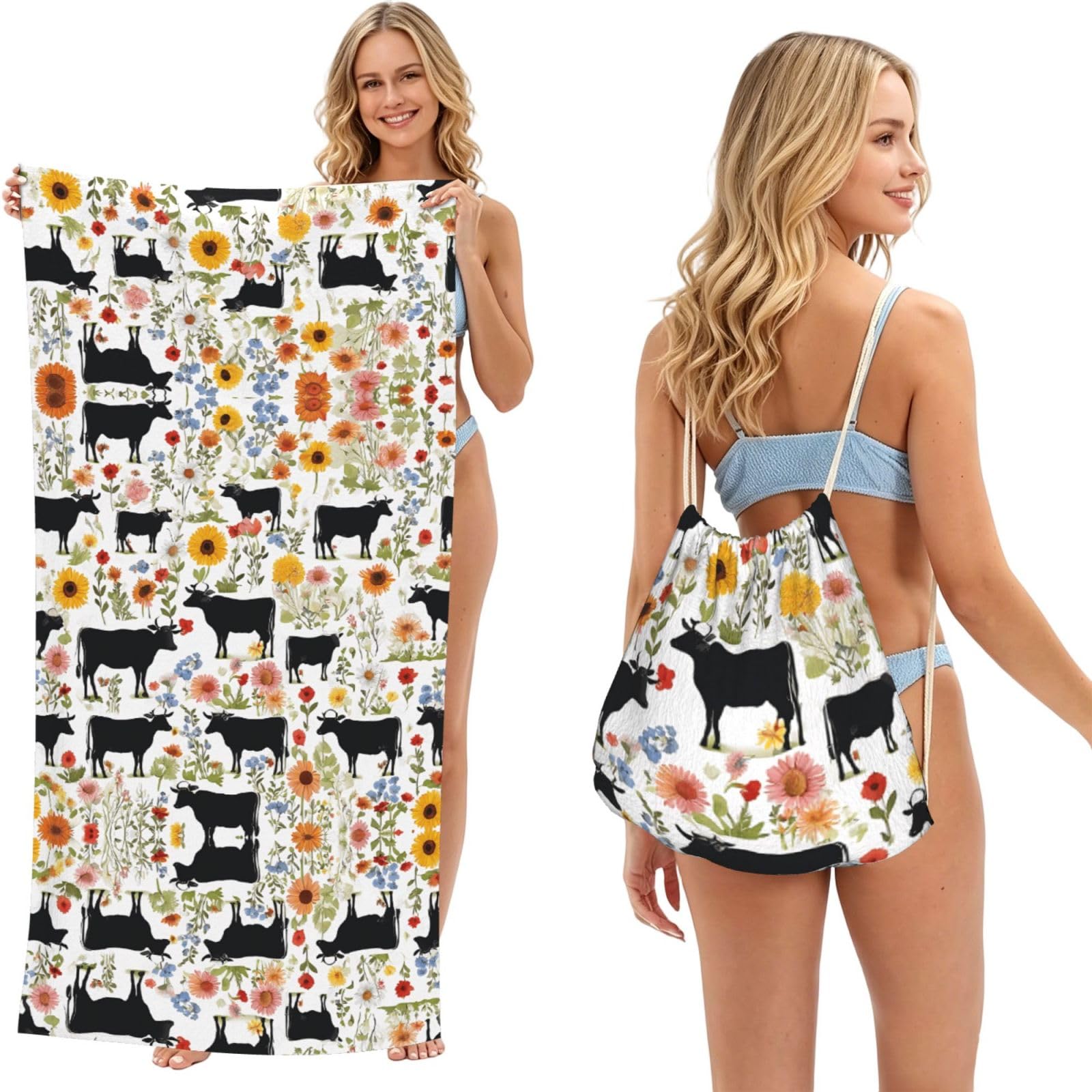 EZDLOWVBA Cattle Farm Sanctuary Print Beach Towel Backpack 2 In 1 Summer Large Lightweight Beach Towel - Multifunctional Ship Pattern Towel Bag For Storage,Sport