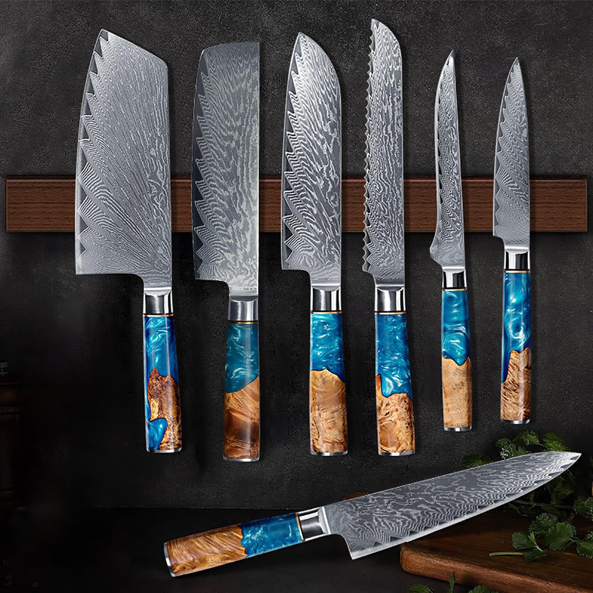 Damascus Steel Knife 7 Piece Knife Set Kitchen Accessories Blade Pattern Design German Engineered Knife Informed by over