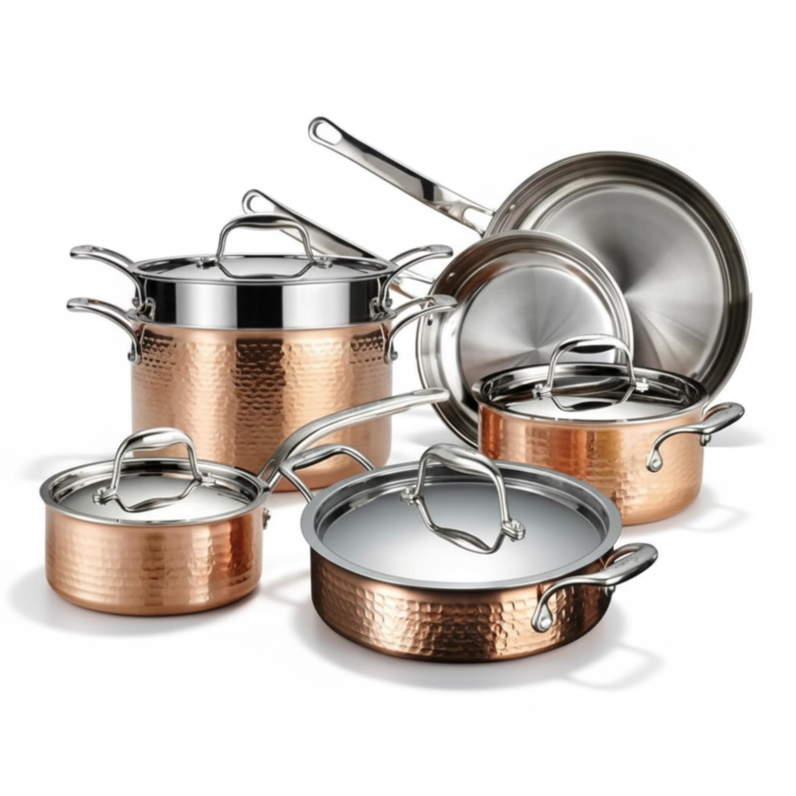 Lagostina Martellata Tri-ply Hammered Copper 11 PC Pots and Pans Cookware Set, Copper
