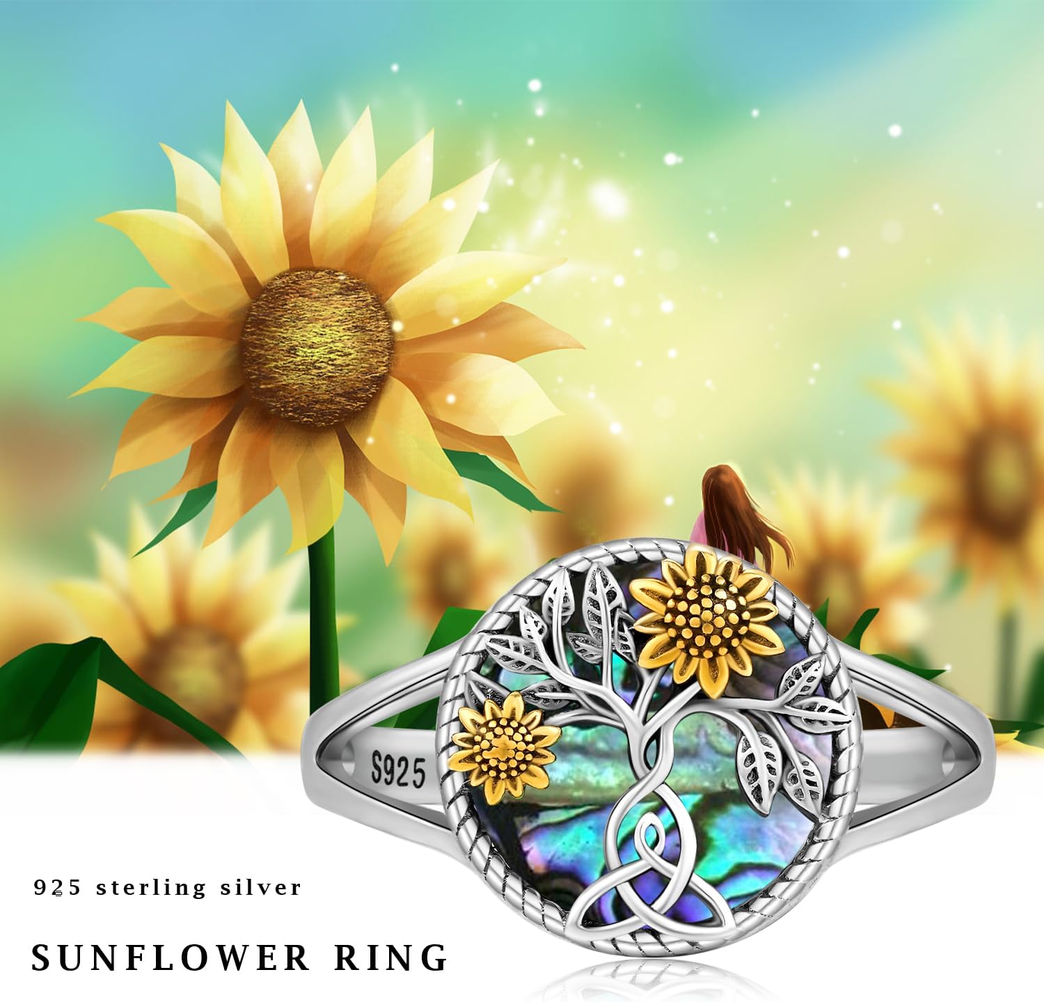 Sunflower Ring for Women 925 Sterling Silver Tree of Life Ring Sunflower Flower Jewelry Gifts for Mom - Image 5