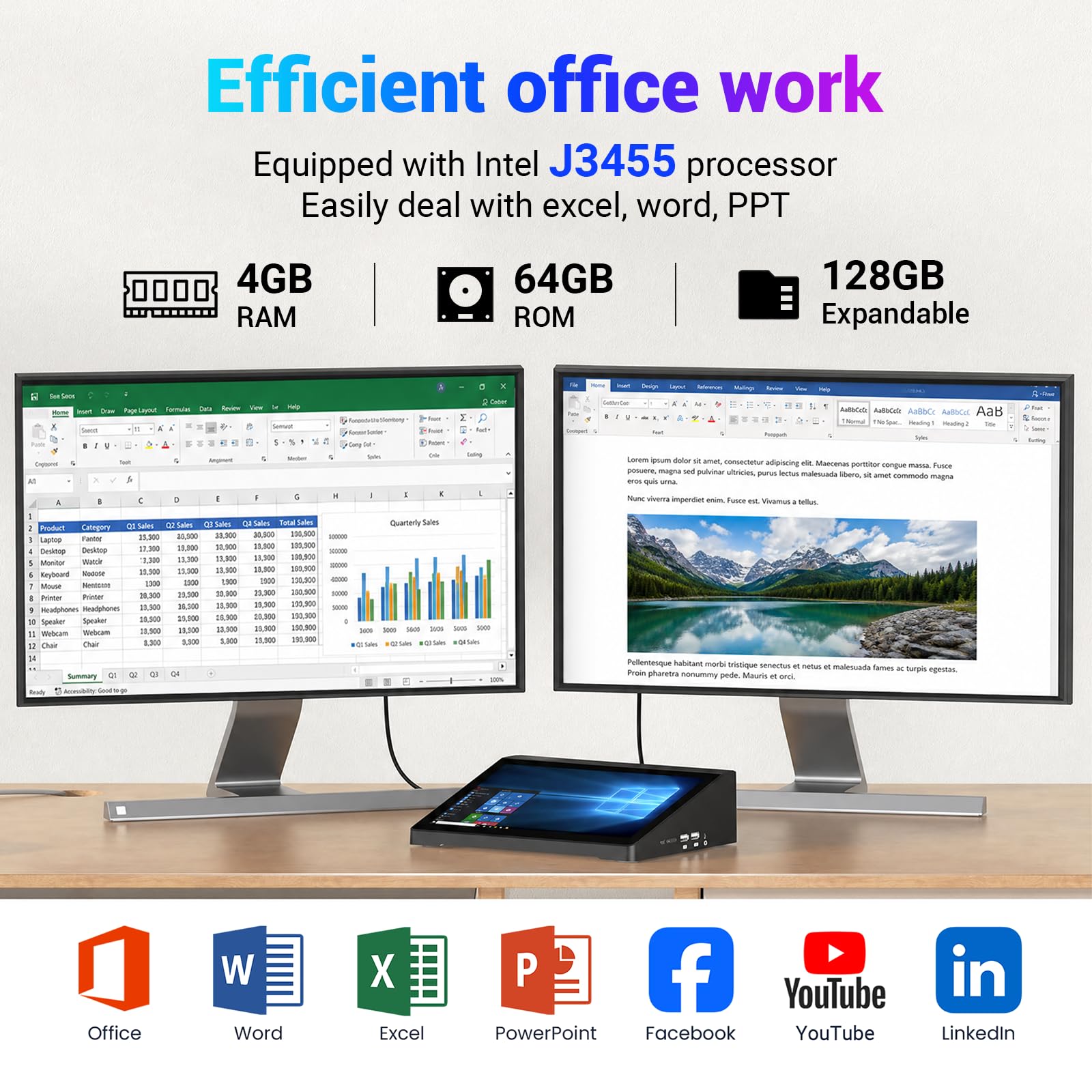 PC industriale da 10,1" con touch screen J3455, batteria, Win 10 Mini PC, 4GB RAM, 64GB EMMC, 4K HDMI 1.4, RS232, Dual Band WLAN 5 – per POS, chiosco, Digital Signage