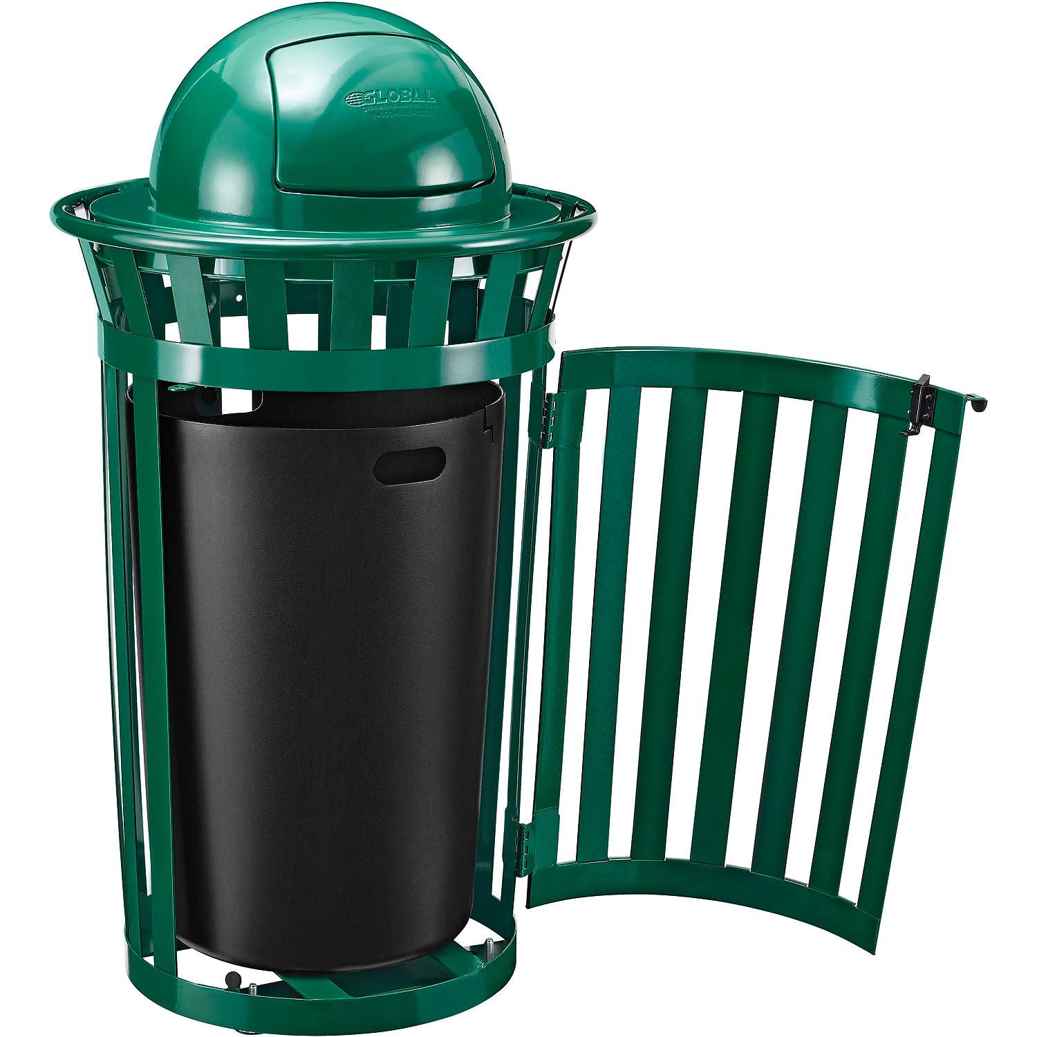 Global Industrial 36 Gallon Outdoor Steel Slatted Waste Receptacle with Access Door & Dome Lid, Plastic Liner and Anchor Kit Included, 28" Dia. X 42" H, Commercial Trash Can, Green