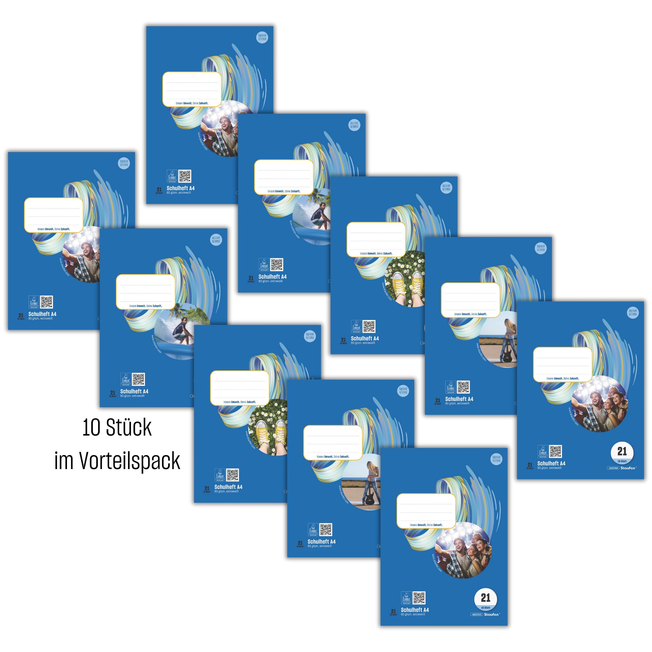 Staufen Style Schulheft - 10 Hefte je 16 Blatt, DIN A4, Lineatur 21 (9 mm liniert), 80 g/m² Papier (Packung mit 5)