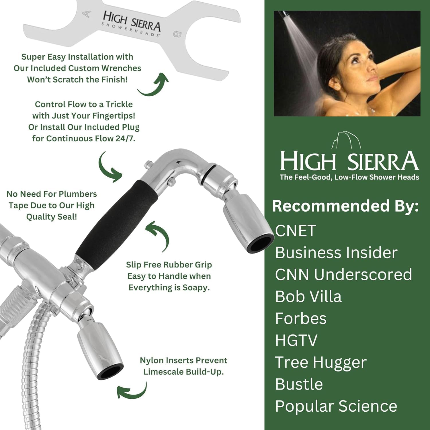 High Sierra's całkowicie metalowa słuchawka prysznicowa / ręczna słuchawka prysznicowa combo. Głowica prysznicowa z funkcją ręczną Classic Plus i popularna słuchawka prysznicowa z antypoślizgowym
