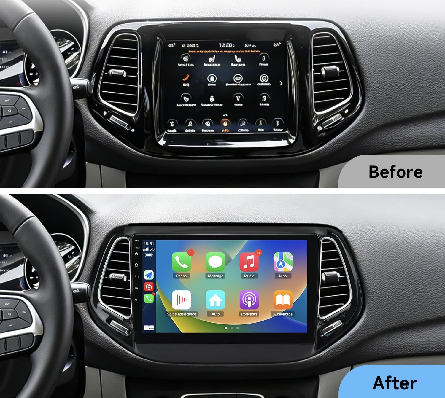 Autoradio cartablet per Jeep Compass 2015-2020, Schermo Touch HD, Apple CarPlay & Android Auto, GPS Navigatore, Bluetooth WiFi USB (4GB RAM 32GB ROM) CTB-CMP01