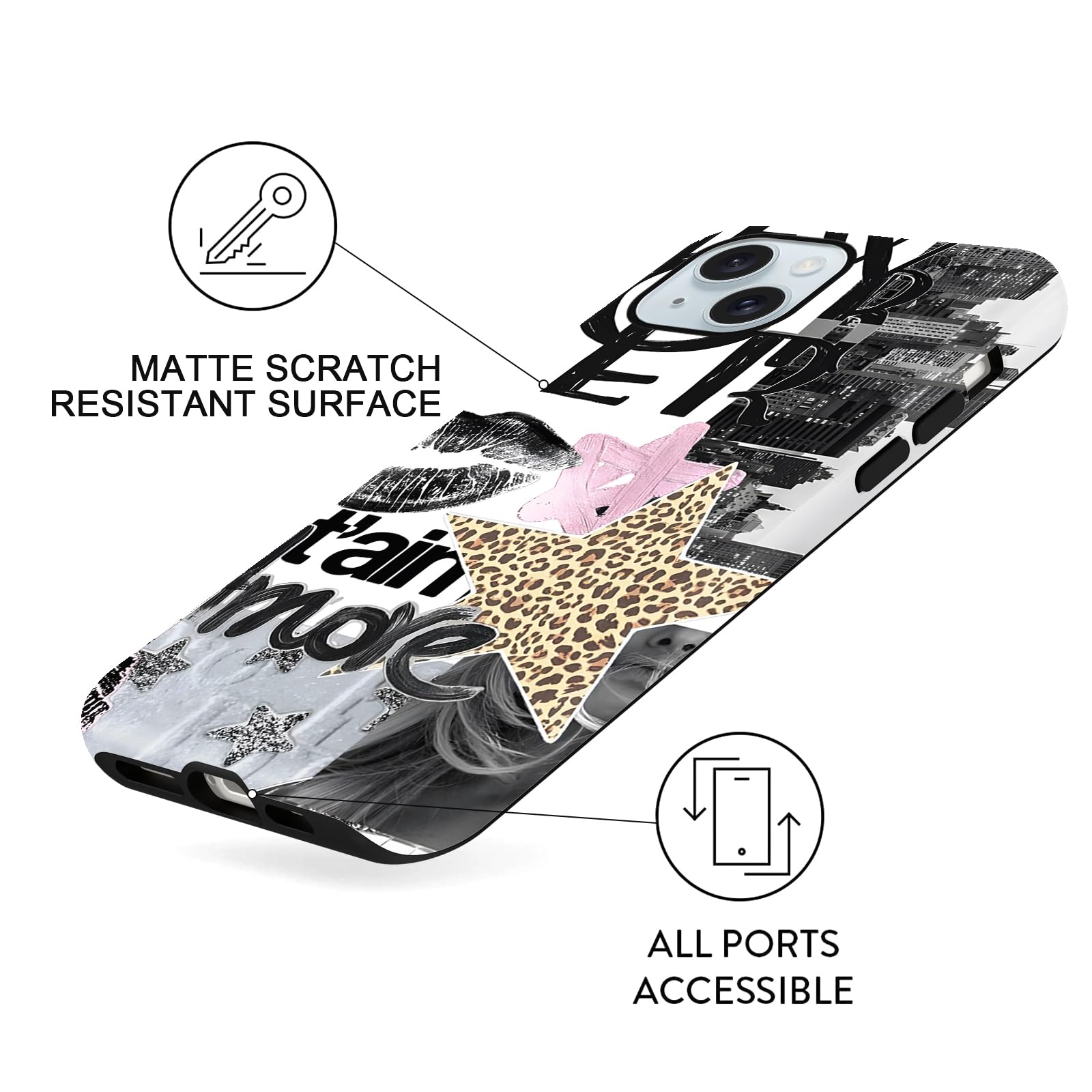 Custodia compatibile con iPhone 15, custodia protettiva ibrida a 2 strati con collage di Star Coquette, custodia protettiva antigraffio ibrida a 2 strati per ragazza, ragazzo, donne, uomo-CZ03
