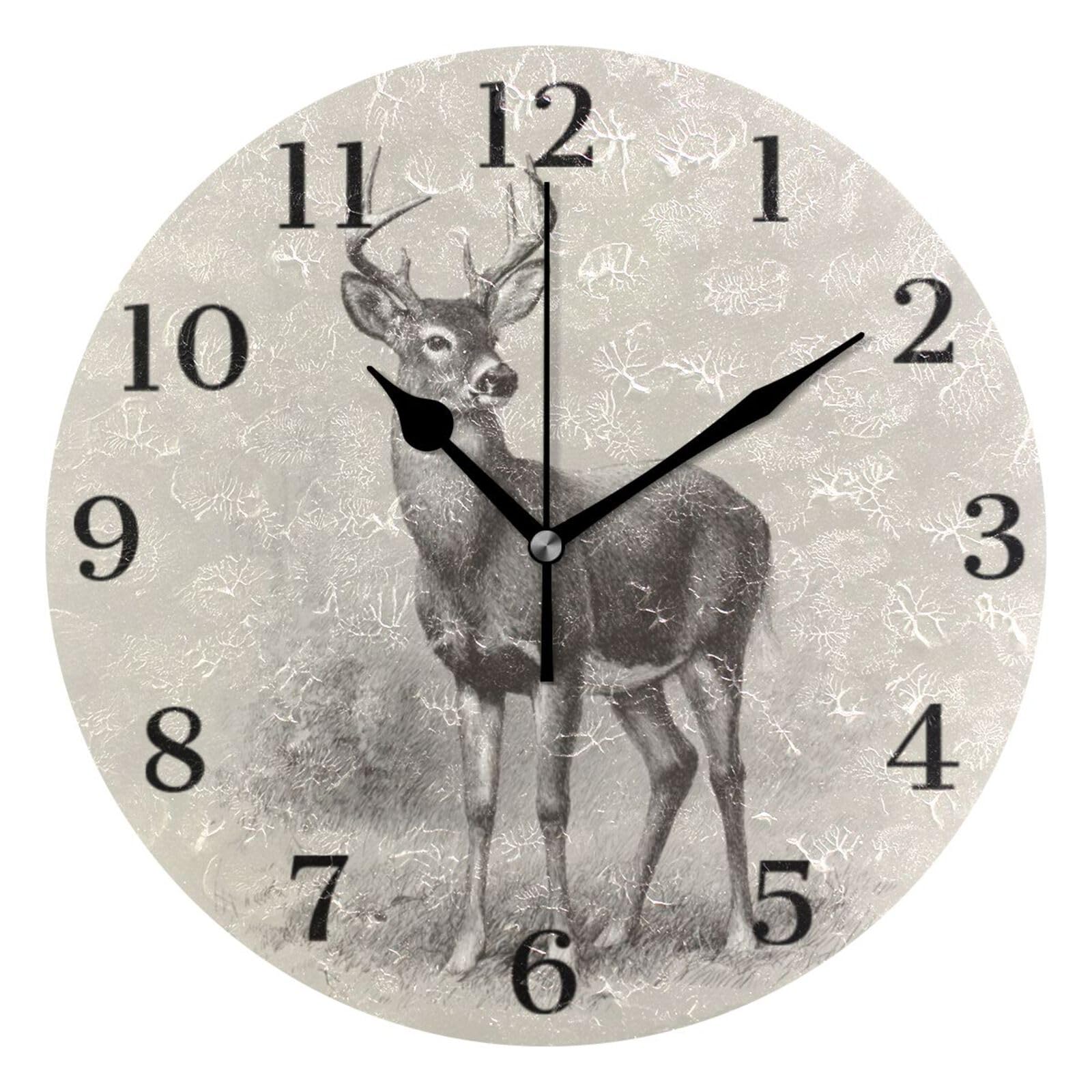 Ensound Realistic White-Tailed Deer Wall Clock Silent Non-Ticking Battery Operated Clocks 12 Inch for Kitchen Home Living Room