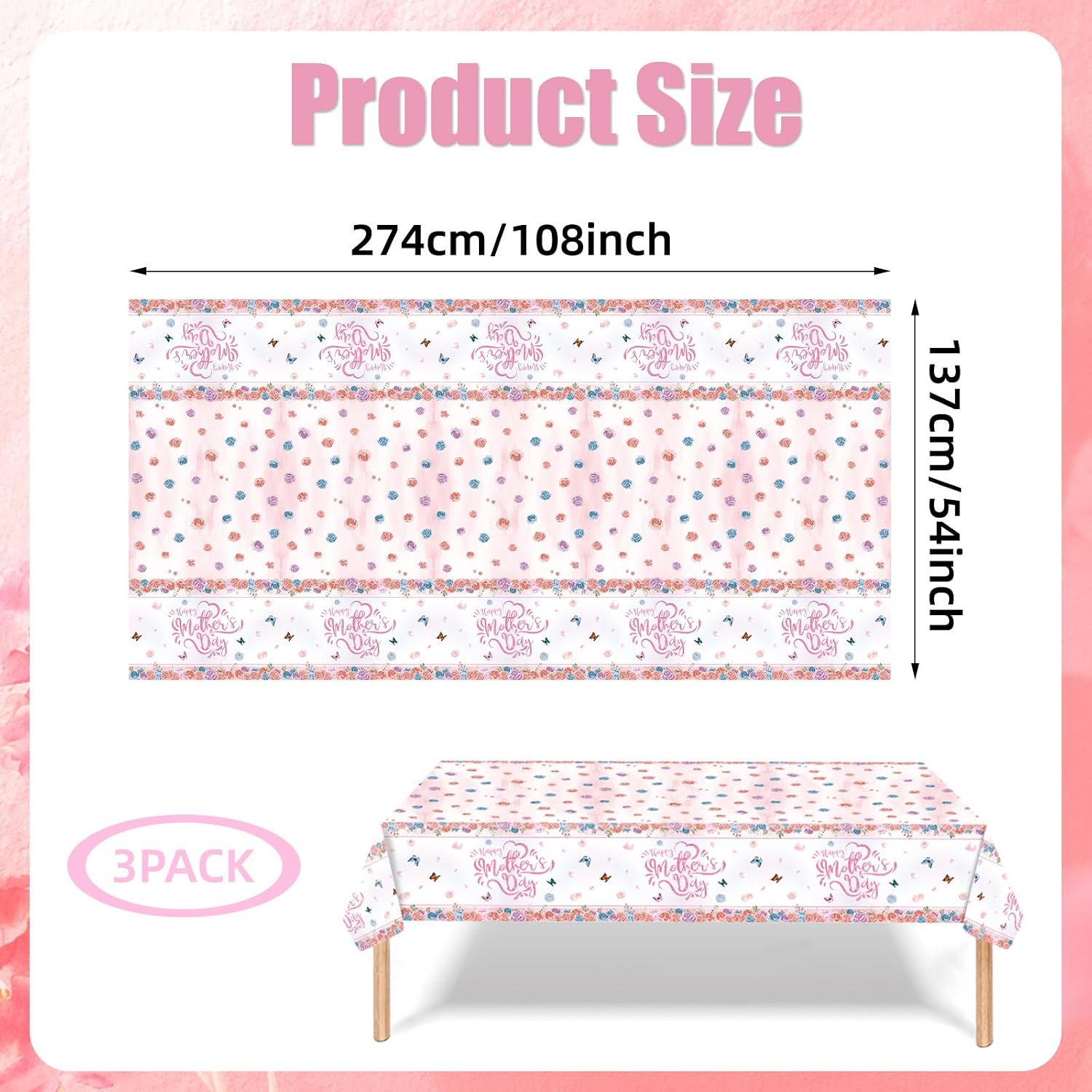 3-Piece 54 x 108 Inch Mother’s Day Plastic Tablecloths – Floral Rose Disposable Rectangle Table Covers with “Happy Mother’s Day” Design for Mom Celebration, Brunch, and Mother’s Day Party Decorations image 2