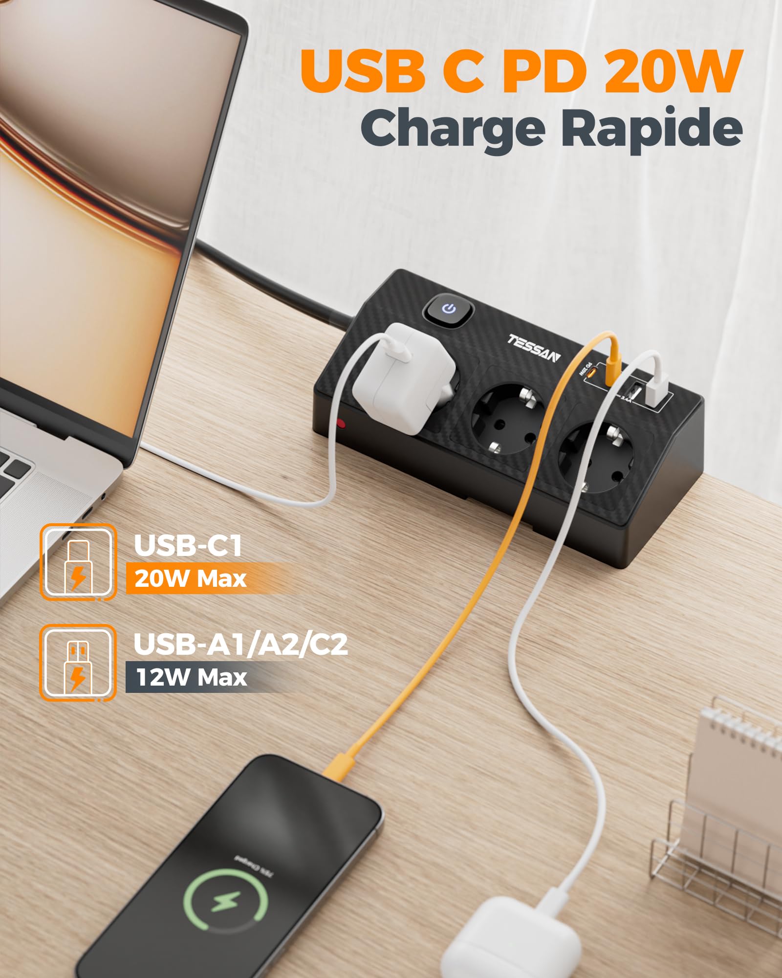 TESSAN Gniazdko stołowe z USB C (PD 20 W), z 3 gniazdami i 4 portami USB, listwa zasilająca 4000 W z zabezpieczeniem przed przeciążeniem i przedłużaczem 1,8 m, nadaje się do biura, czarna