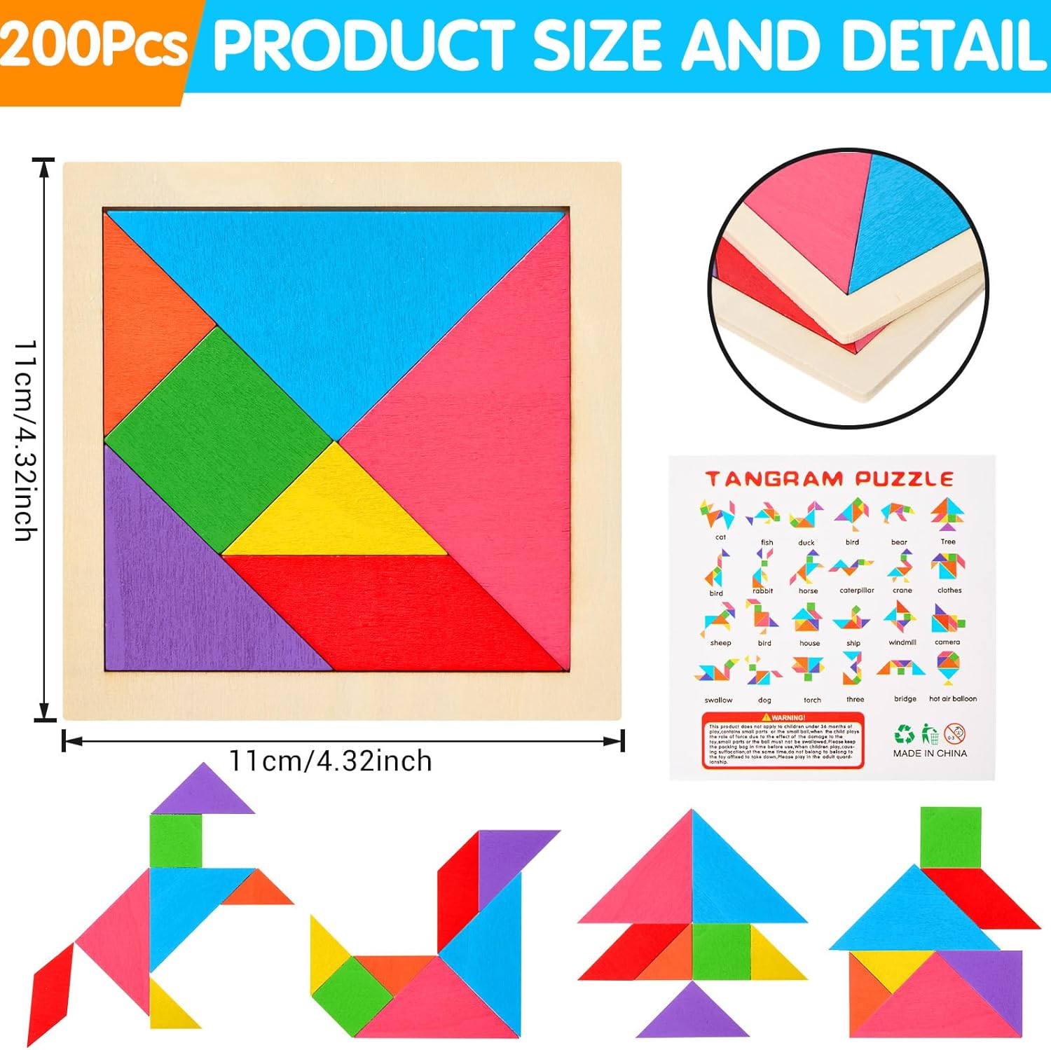 Soulchen 200 Pack Wooden Tangrams Puzzles Bulk for Student Shapes Puzzle Brain Logic Block for Tangram Game Geometric Pattern Block Toy Birthday Party Goody Bag Stuffers Educational Gifts for Adults