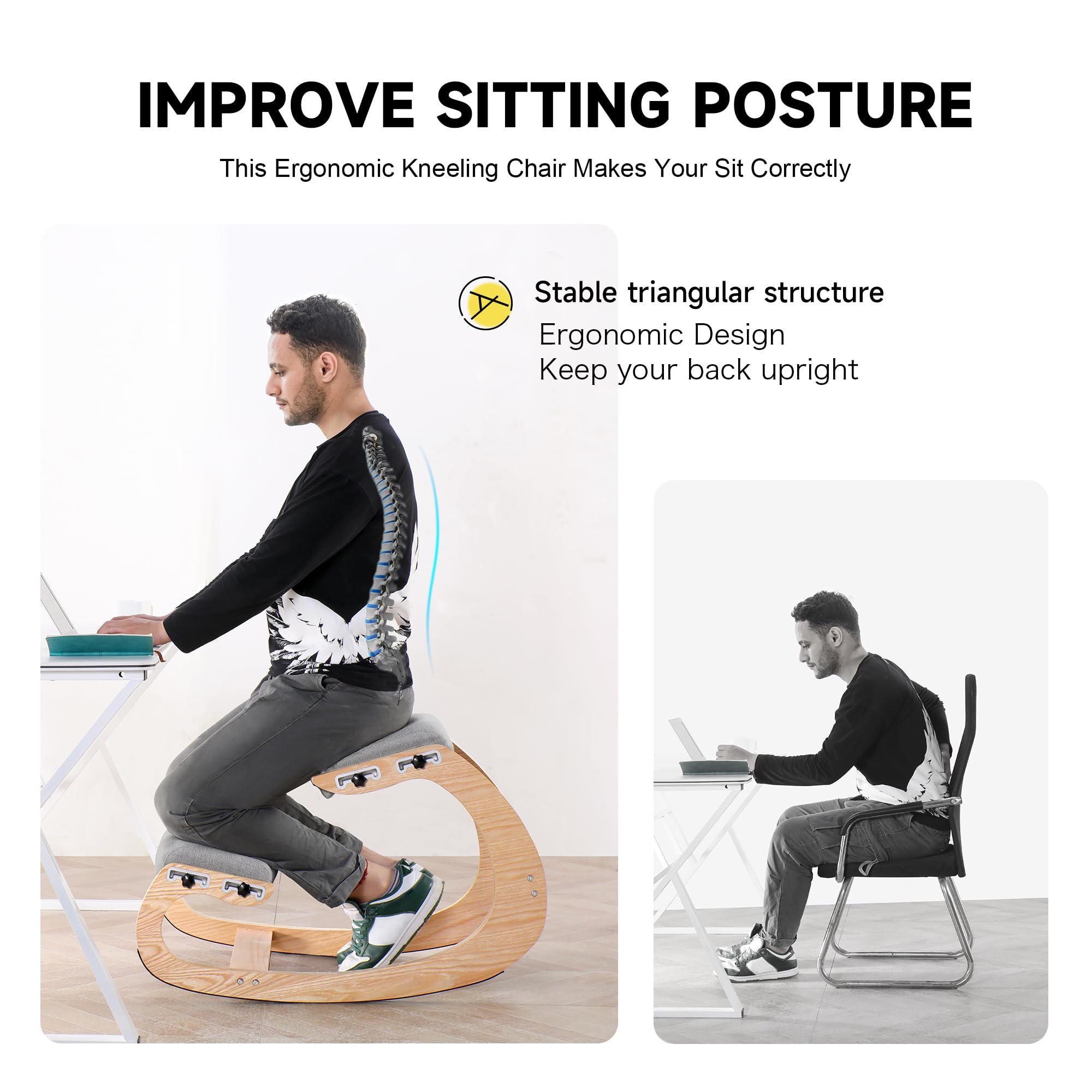 Silla reclinable para la rodilla, mecedora ergonómica de madera, mejora tu postura con un asiento en ángulo para el hogar, la oficina