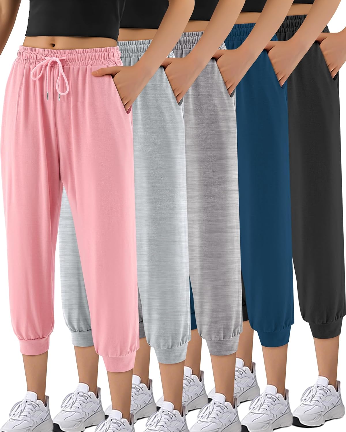 Taiyin 5 Pack Women's Ultra Soft Lounge Capri Joggers Sweatpants with Pockets for Athletic Running Yoga Workout Lounge Pants