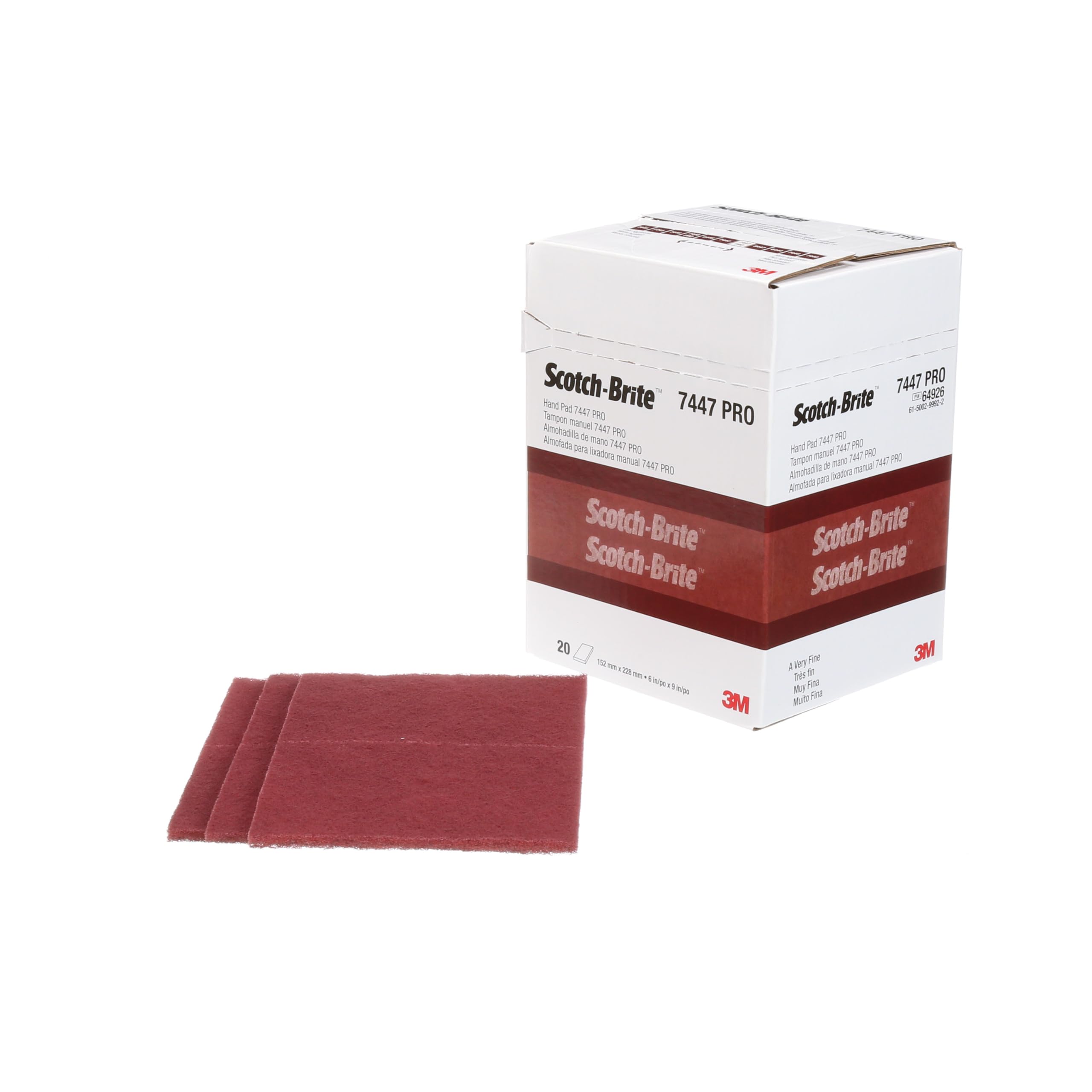 Coupe abrasive non tissée 3M Scotch-Brite 7447 Pro, 152 x 228 mm, à grain très fin, 20 coupes en boite