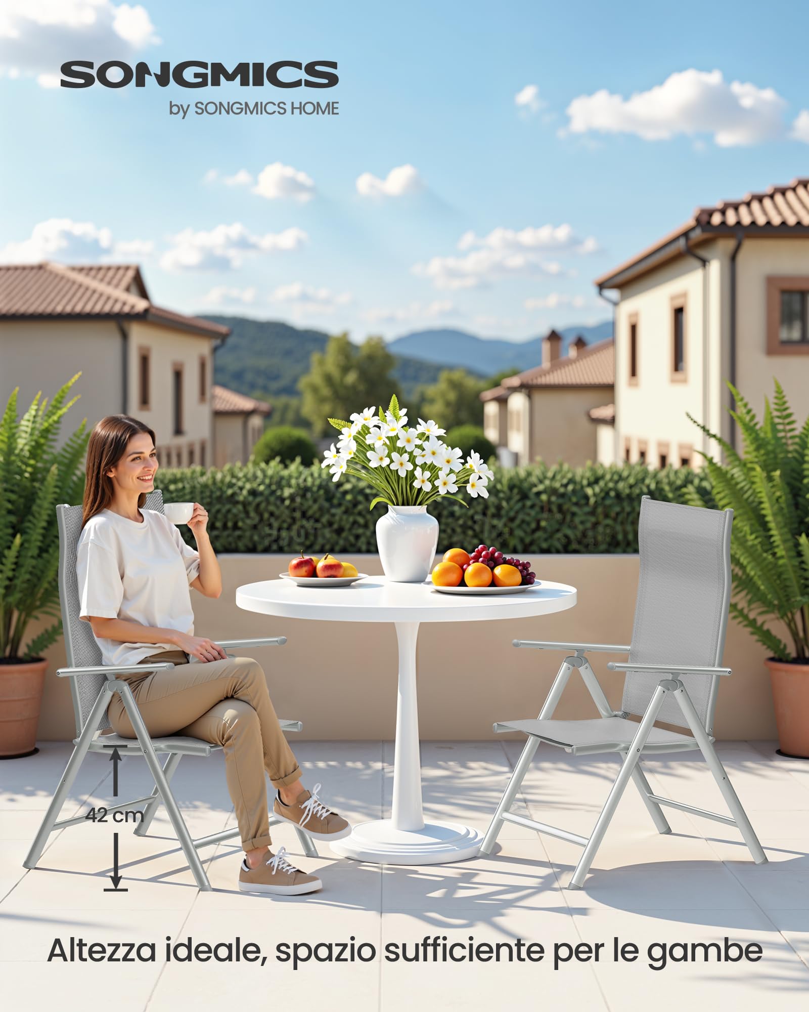 SONGMICS Sedie da Giardino Pieghevoli 2 Pezzi Struttura Metallo Schienale Regolabile 8 Posizioni 150 kg Grigio GCB29GY