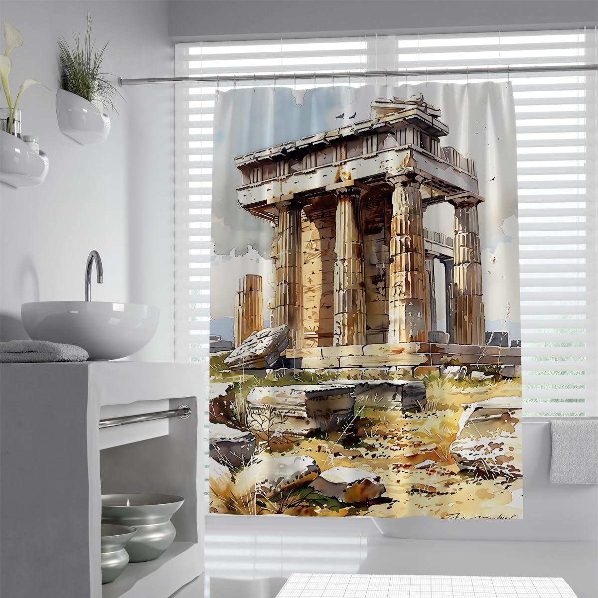 UERWOWELL Ancient Greece Style Shower Curtain Classical Column Monument Ruins Bath Curtain Watercolor Scenery Bathroom Decoration Waterproof Fabric W90xL180 cm