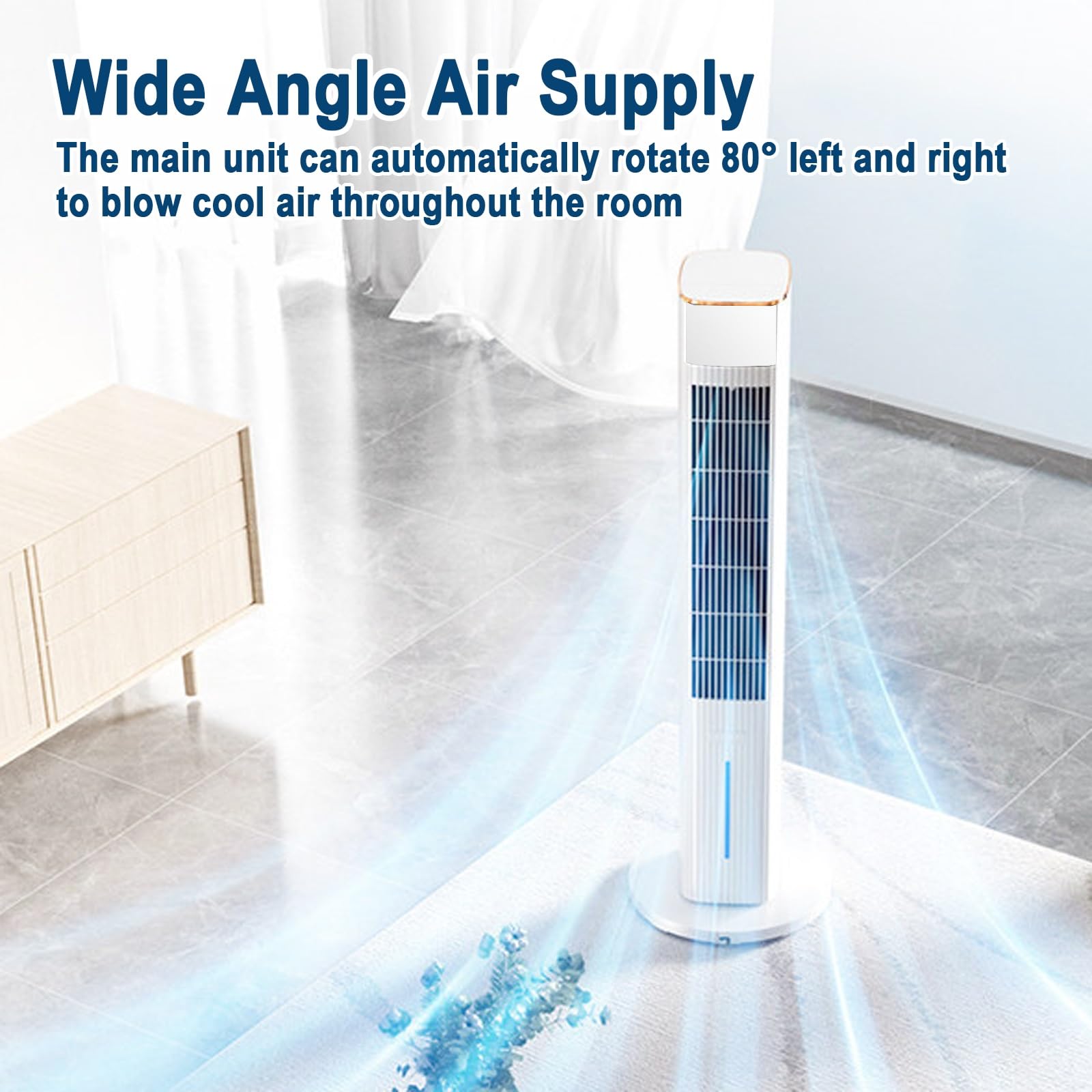 Ventilador Torre Silencioso, 40W Ventilador Columna, Flujo de Aire 200m³/h | Ventiladores de Torre, Oscilación 80°, Doble Depósito de Agua 5L, 3 Velocidades, Estable 30cm, para Hogar