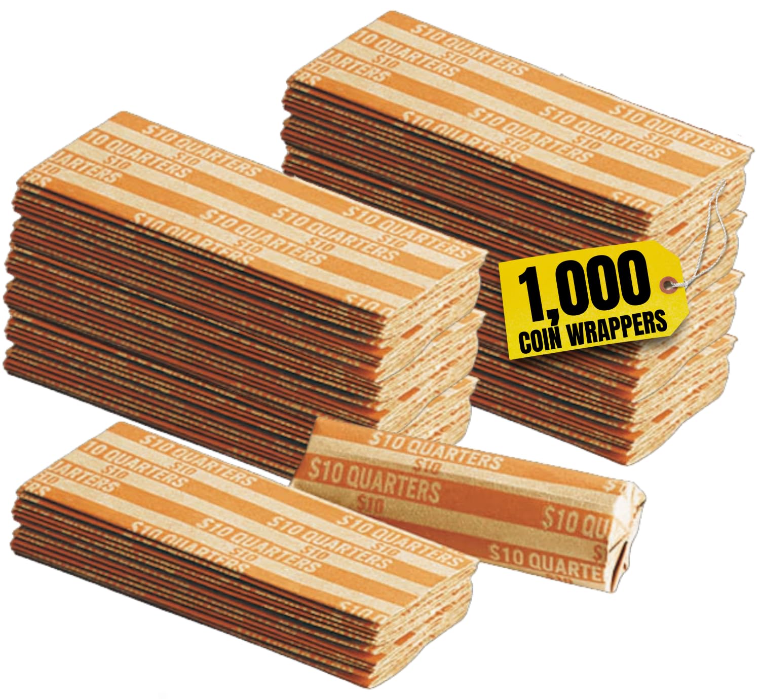 1InTheOffice Quarter Coin Wrappers, Paper Coin Roll Wrappers, Flat Striped, Quarter Only ($10), Orange, 1000 Pack