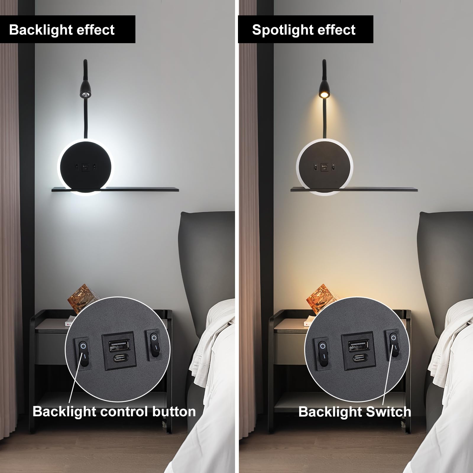 SANSHI Leselampe 2 Stück,Schwenkbar Nachttischlampe mit Schalter,Schwarz | wand Leselicht,USB + TYPE C Ladeanschluss Wandleuchte,3W 3000K + 9W 6000K Beleuchtung,Schlafzimmer Hotels Bettlampe