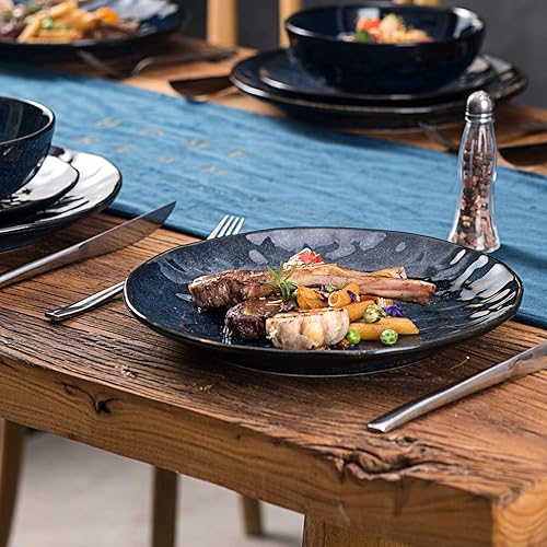 Miniatura 55 de vicrays Juego de 6 platos llanos de cerámica, 10.5 pulgadas, redondos, microondas, horno, aptos para lavavajillas, porcelana acanalada adecuada