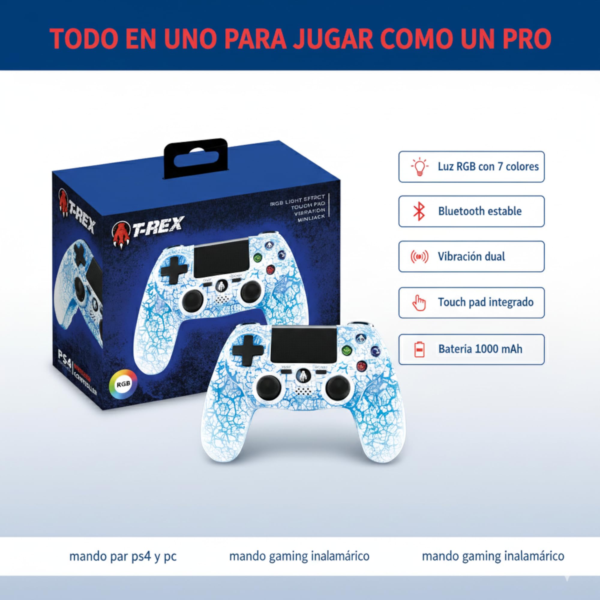 Mando Inalambrico PS4 Gaming Blanco LED RGB 7 Colores Compatible Con PS4 Y PC Windows Android Y iOS Vibracion Dual Joysticks Precisos Touch Pad Bateria 1000mAh Diseño Ergonomico Bluetooth Gamepad Plus