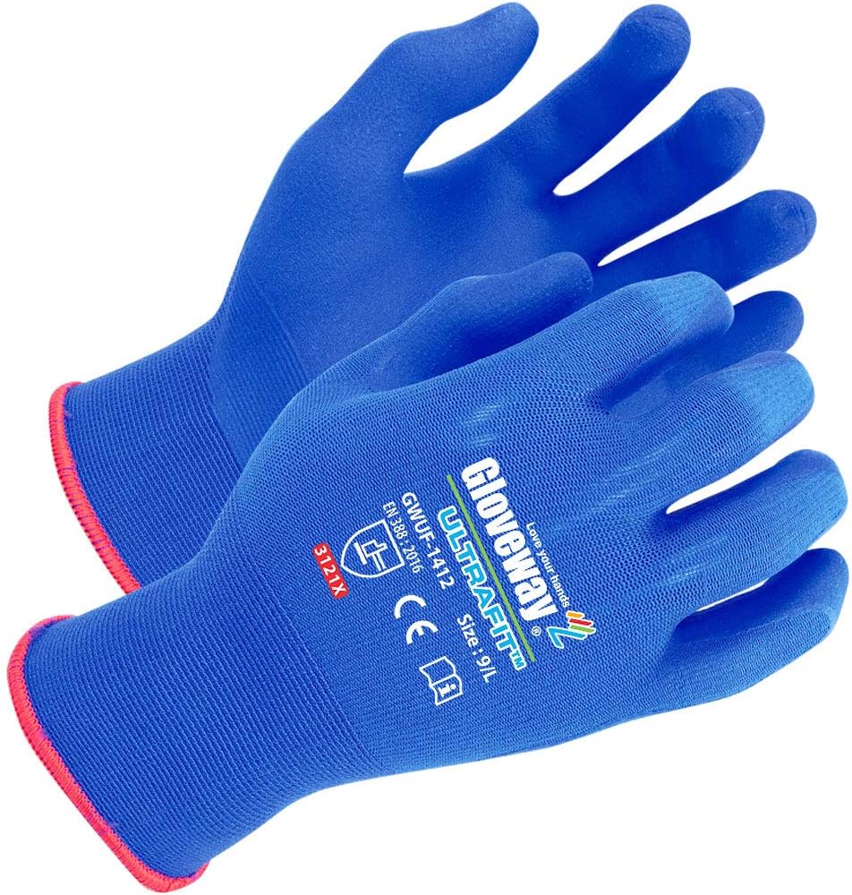 GLOVEWAY Ultrafit - Safety Work Gloves, Ultra Thin, Gardening, Air Ventilation, Power Grip, Durable Thin & Lightweight, Comfort Stretch Fit, Fingertips Coated Work - L Size / (10 Pack)