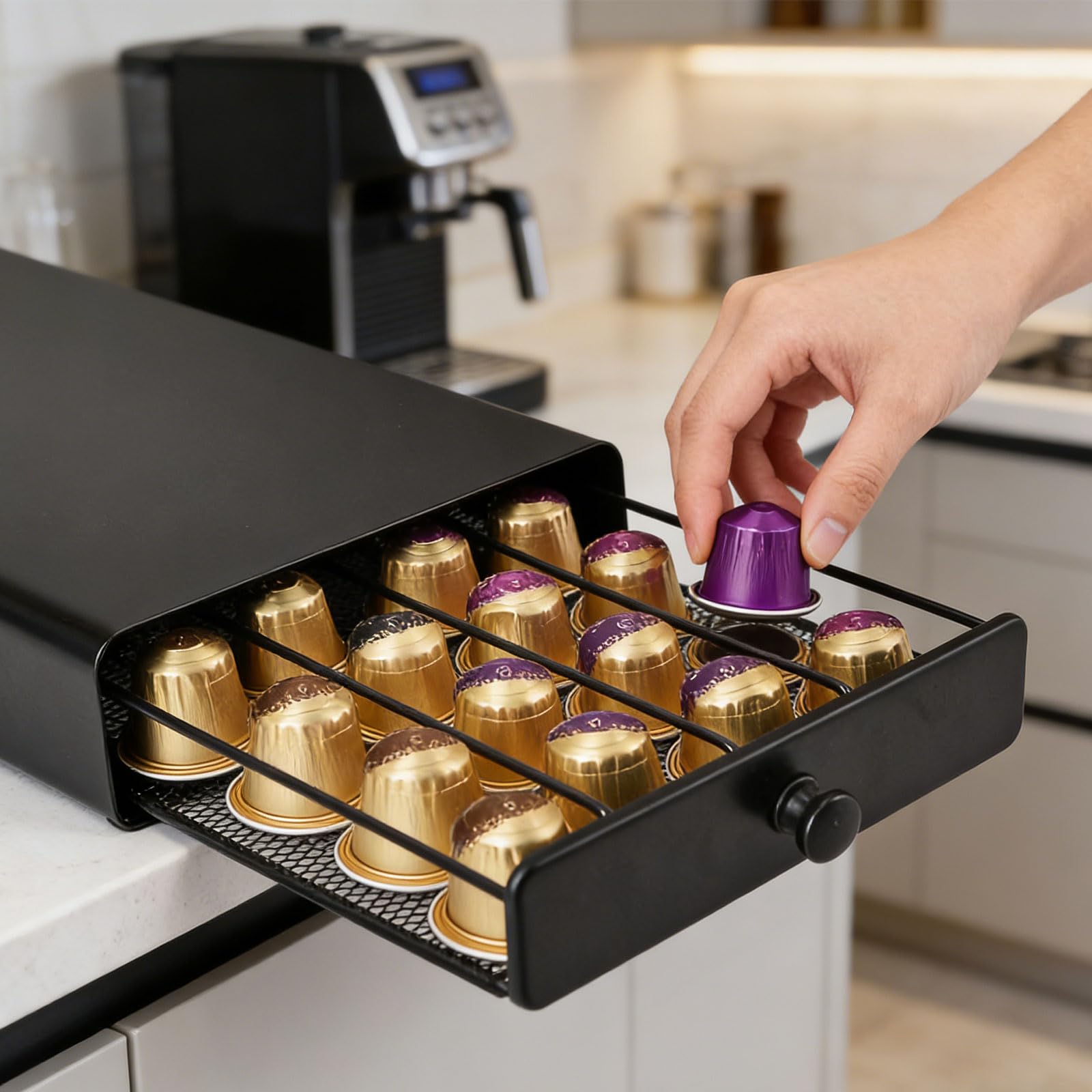 Organizador de cápsulas de café eficientes que ahorra espacio, con capacidad para 40 cápsulas, accesorio portátil para cocina o sala de descanso, uso diario, elegante soporte para cápsulas de
