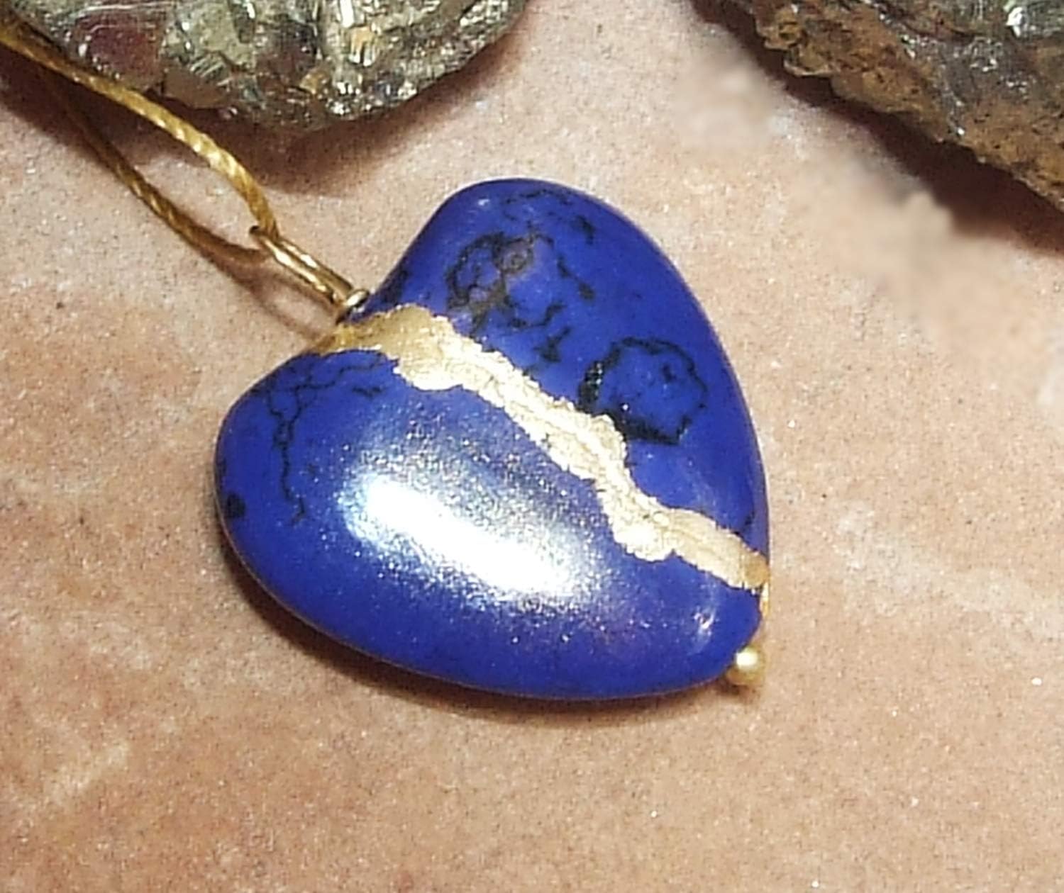 Large 1" Lapis-Blue Howlite Broken Heart Mended with 23kGold, Kintsugi Cord Necklace