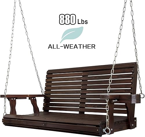 Miniatura 3 de Columpio de madera para porche de 2 plazas, respaldo alto y asiento profundo, columpio de banco con portavasos, cadenas colgantes y resortes de