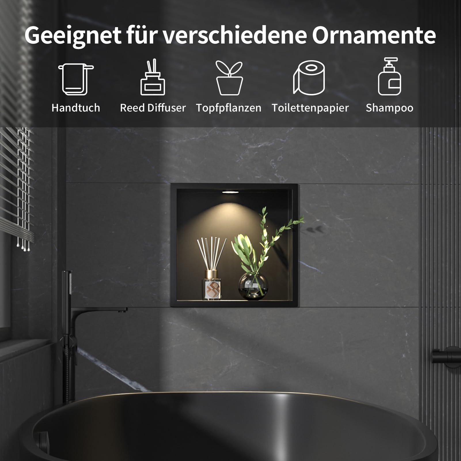 Wandnische Dusche Edelstahl mit LED Downlight, 30 cm x 30 cm | Wasserdicht - Keine Fliesen Erforderlich, Badezimmer Lagerung, Nische, Matt Schwarz