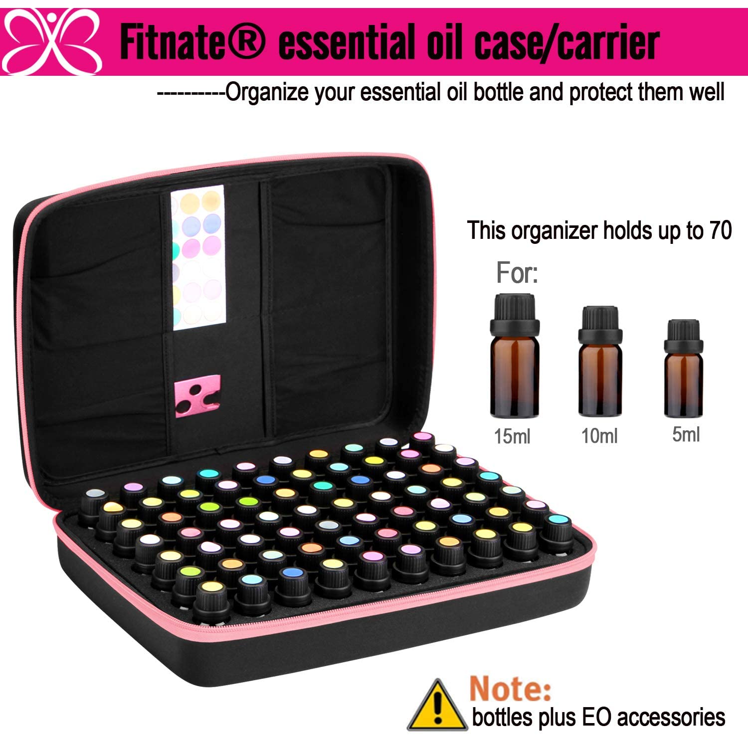 FITNATE Bolsa de Almacenamiento de Aceites Esenciales para Aceites Esenciales de 5 ml, 10 ml, 15 ml, 70 Botellas, Maletin Aceites Esenciales, Estuche de Viaje de Aceites Esenciales, Resistente, Rosa