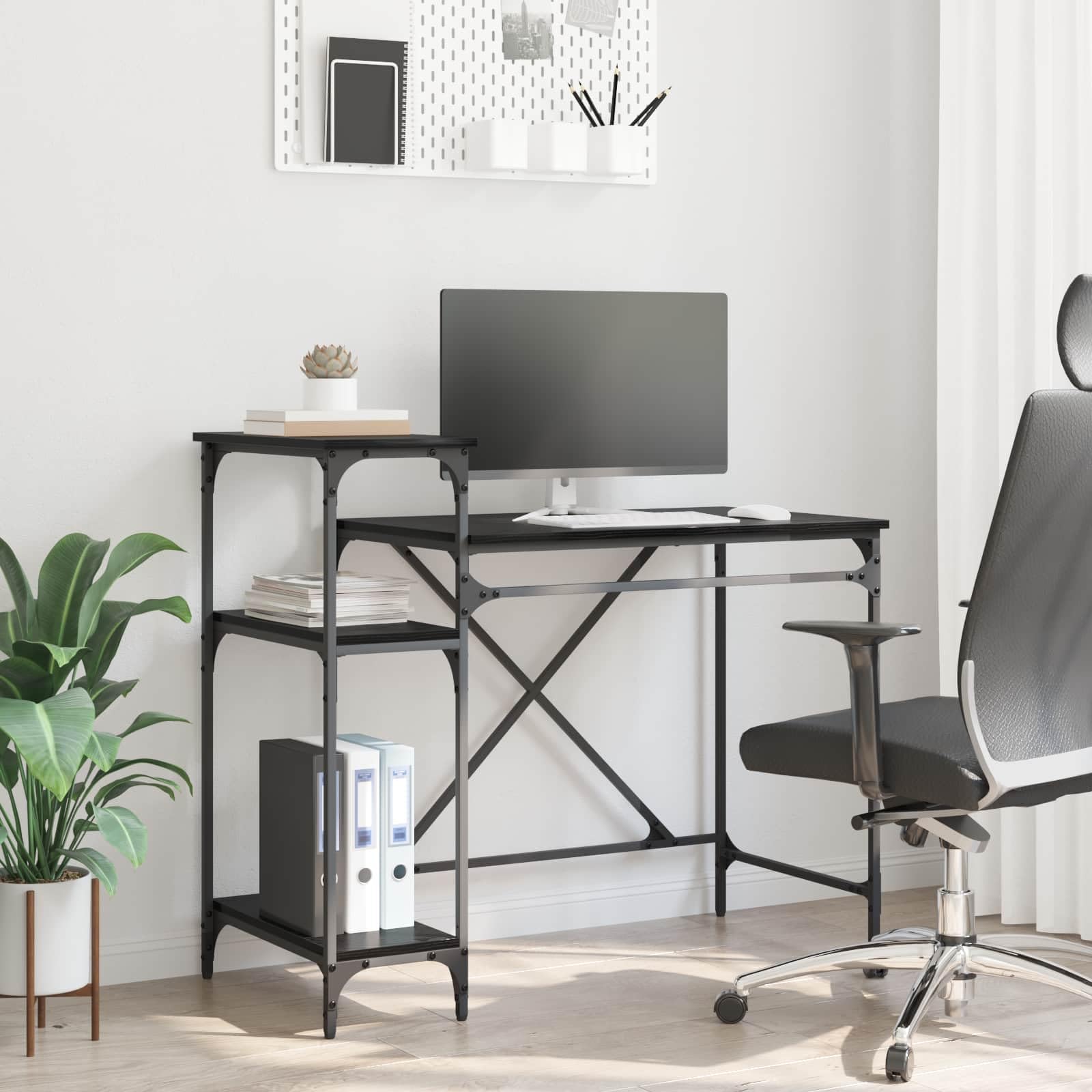 Scrivania con ripiani, 105 x 50 x 90 cm, scrivania industriale per computer, colore nero, effetto rovere, stabile tavolo da ufficio in legno per casa, stile loft urbano