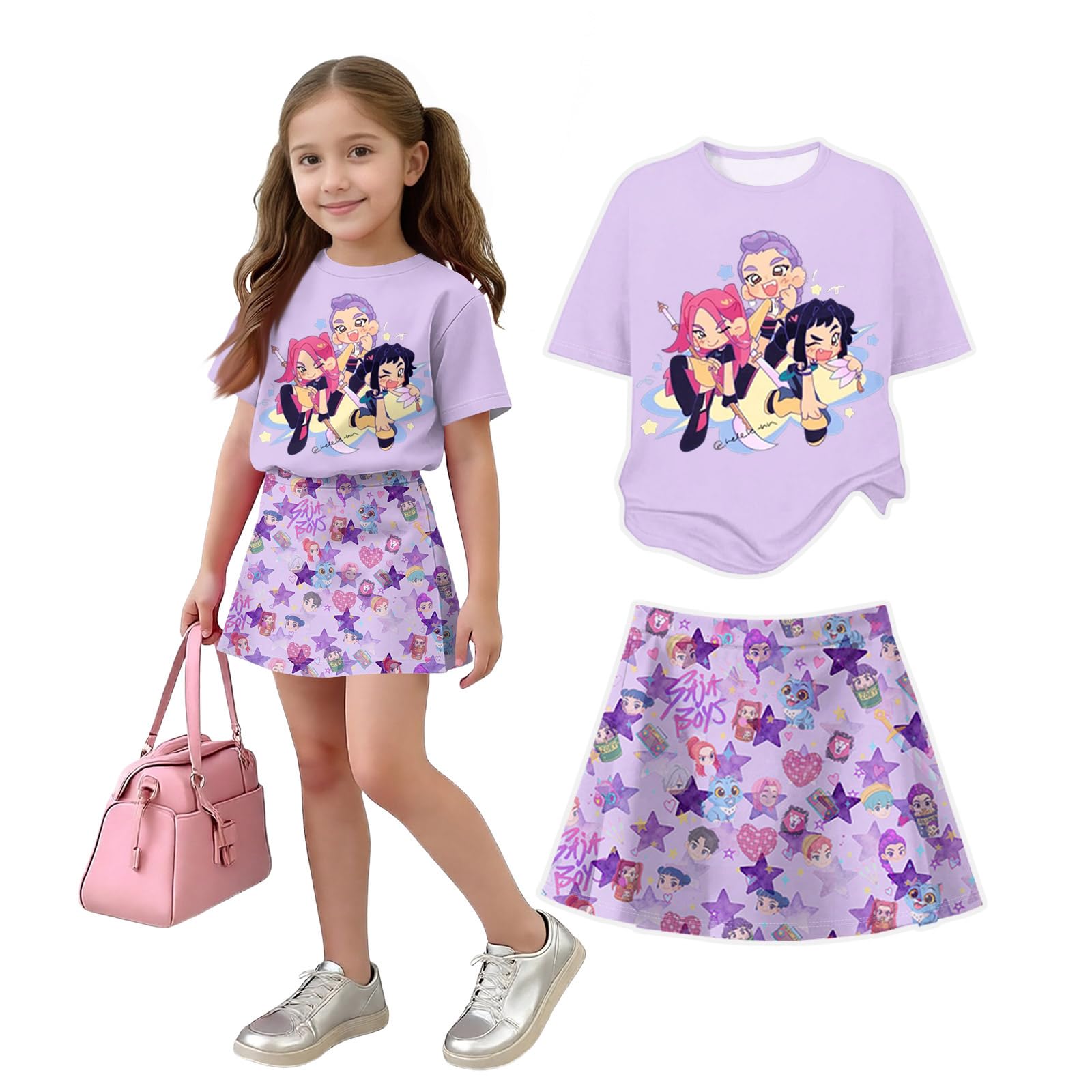 K Pop Short Sleeve T-Shirt and Skirts Outfits Set for Girls Hunters Girl's Anime Graphic Tees De-Mon Summer Sets — view 29