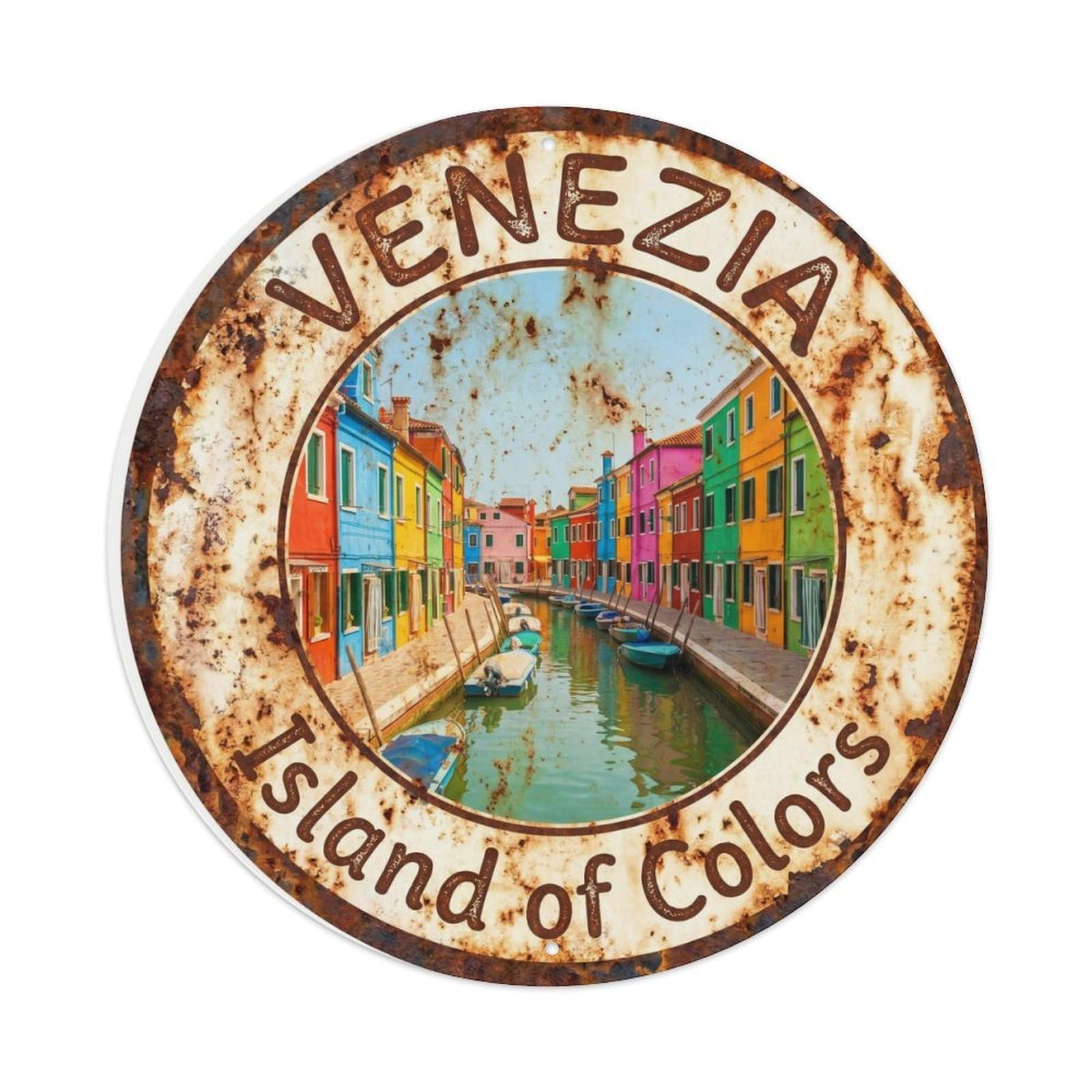 Vintage Travel Venice Burano Colorful Houses Metal Tin Sign Plaque Wall Decor for Cafe, Club, Garden Round Metal Poster 8x8Inch