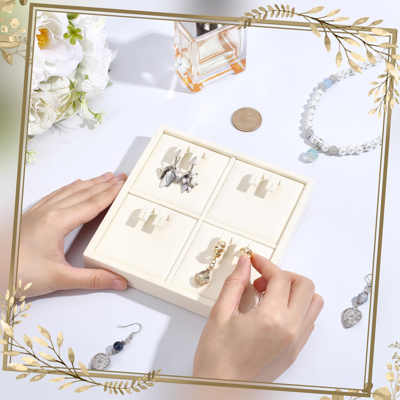 2 unidades de 4 compartimentos de microfibra organizador de pendientes, bandeja apilable para exhibición de joyas, cajón, organizador de pendientes, caja para mujeres, anillos, collares
