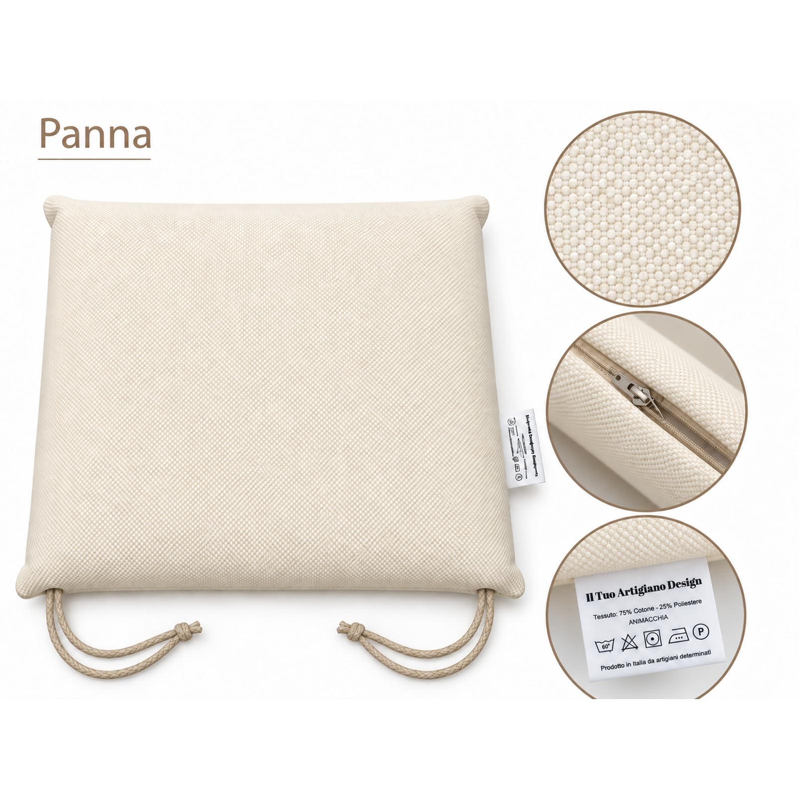 Il Tuo Artigiano Design Cuscini per Sedie da Cucina Made in Italy - Cuscini Copri Sedie Sfoderabili 40x40x4 cm - Tessuto Antimacchia con Cerniera e Laccetti (6, Panna)